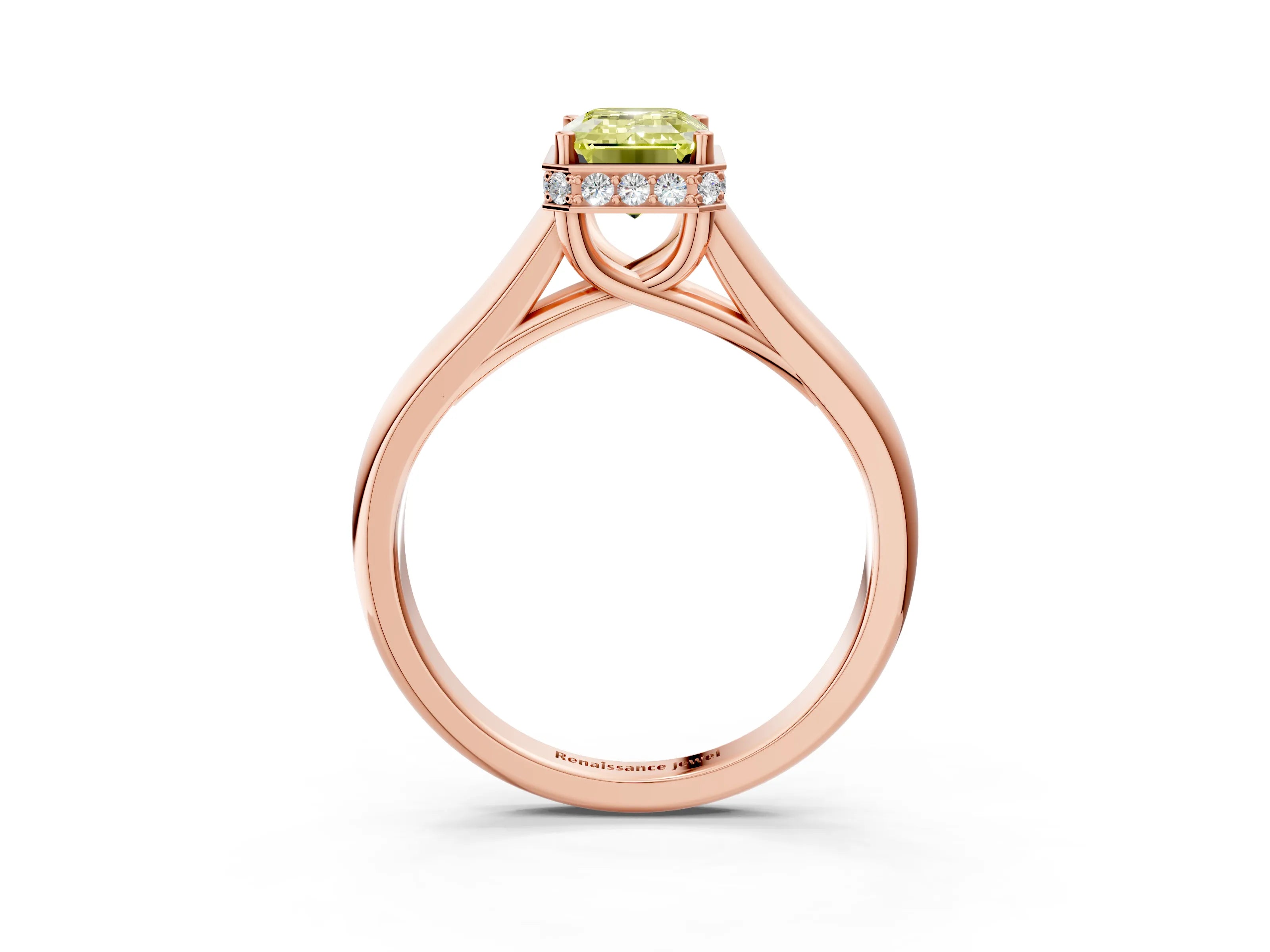 Rose gold Fancy Yellow Emerald Cut Solitaire Diamond Engagement Ring with Four-Prong Setting and Tapered Band_3