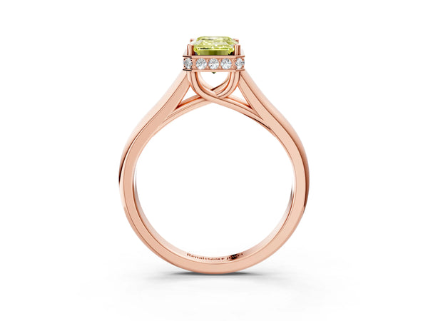 Rose gold Fancy Yellow Emerald Cut Solitaire Diamond Engagement Ring with Four-Prong Setting and Tapered Band