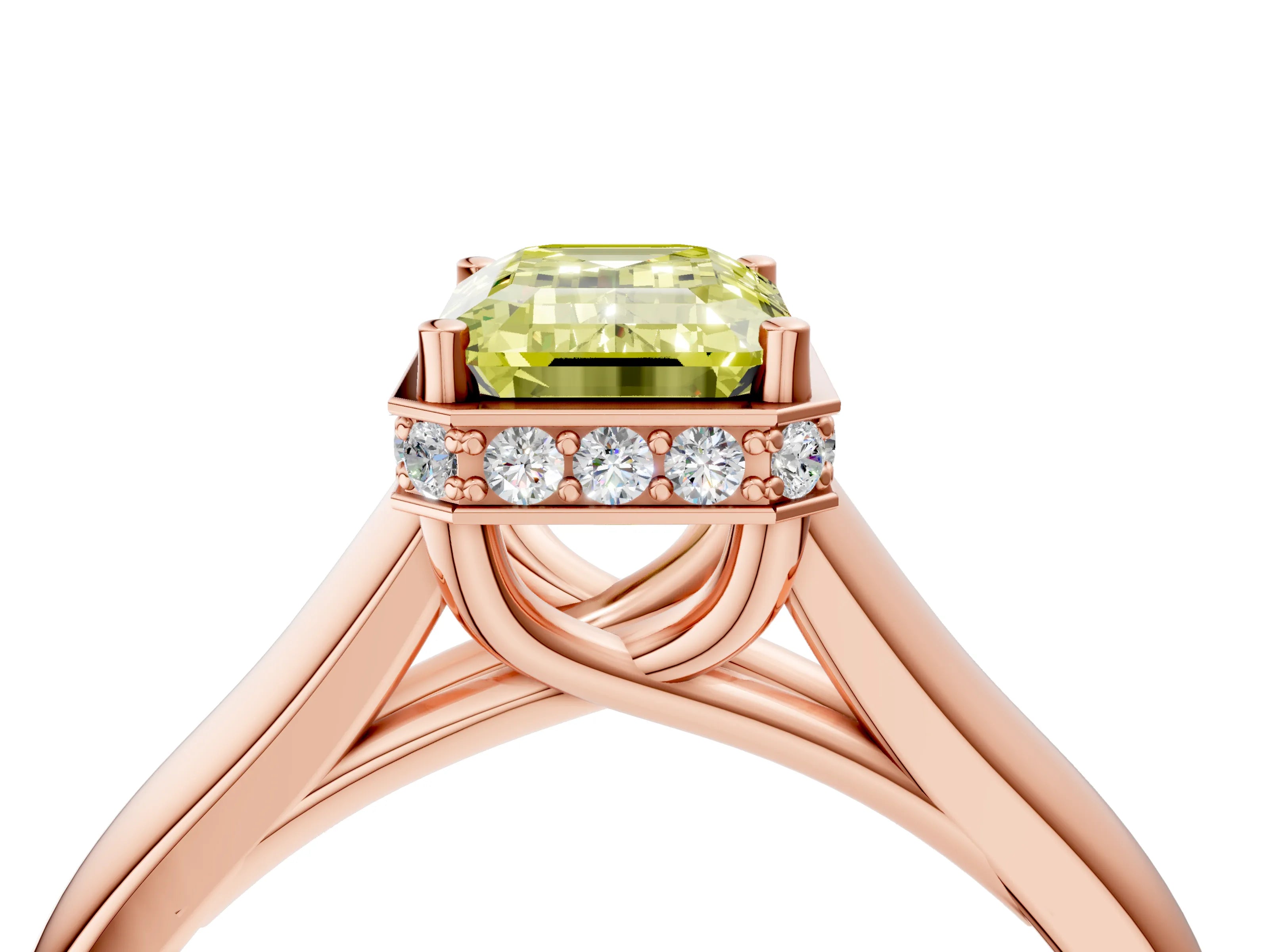 Rose gold Fancy Yellow Emerald Cut Solitaire Diamond Engagement Ring with Four-Prong Setting and Tapered Band_4