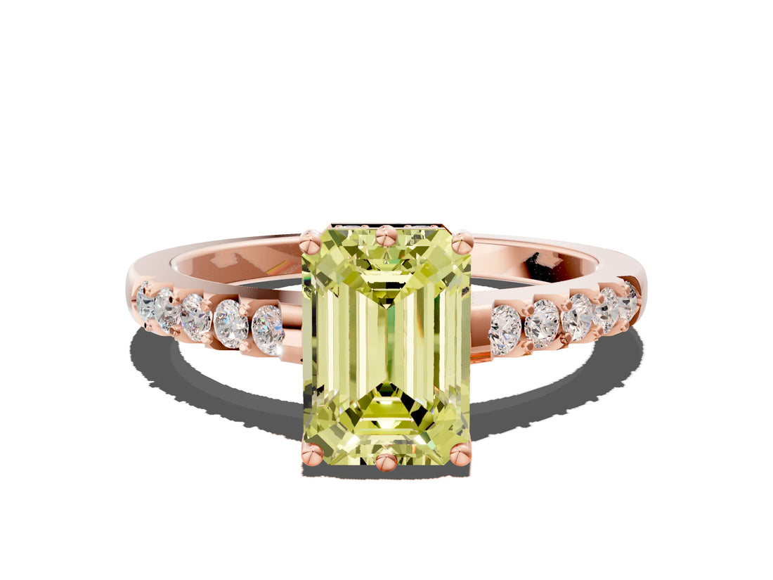 Rose gold Fancy Yellow Emerald Cut Solitaire Diamond Engagement Ring with Pavé Band and Six-Prong Setting_12