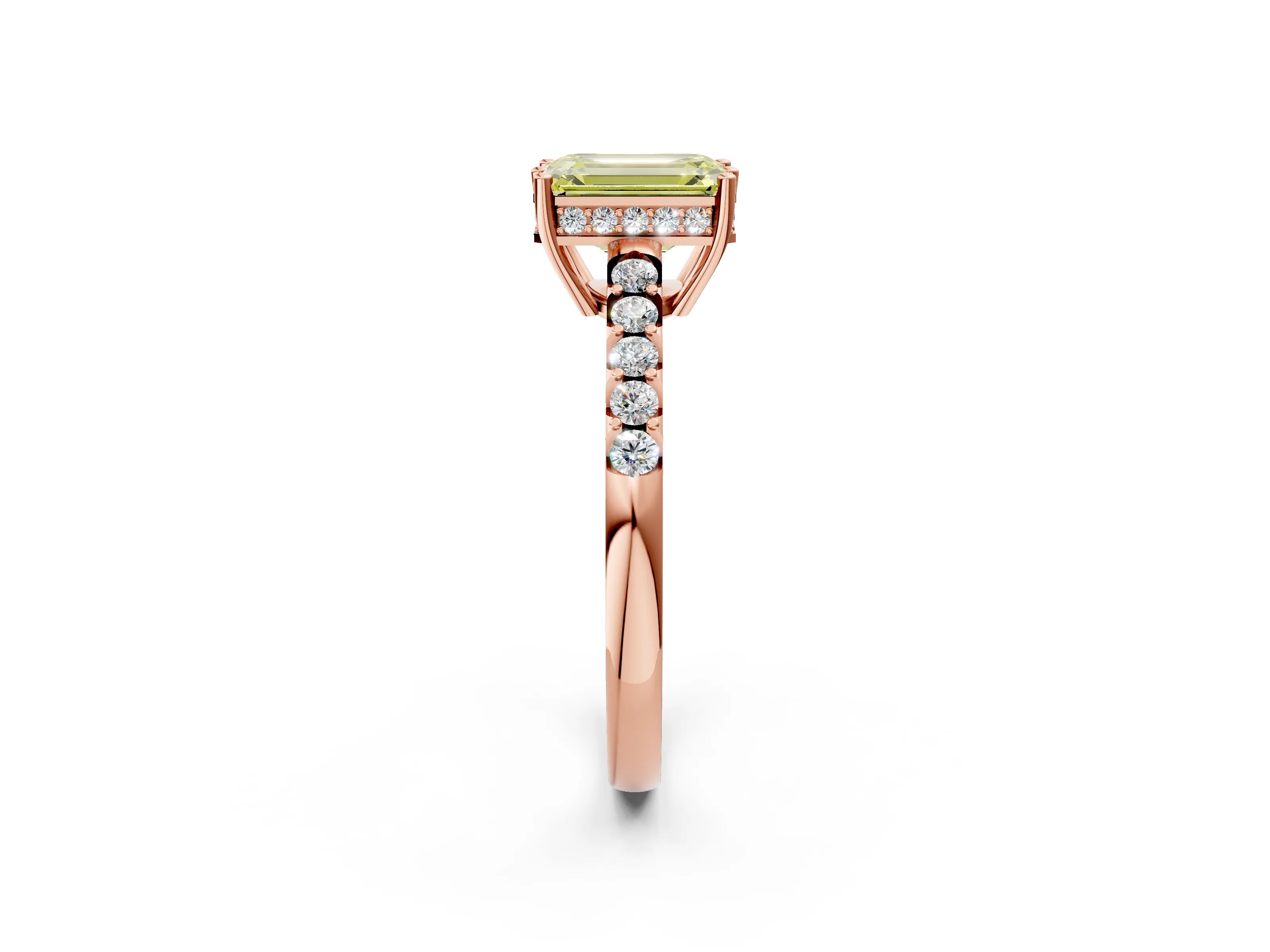 Rose gold Fancy Yellow Emerald Cut Solitaire Diamond Engagement Ring with Pavé Band and Six-Prong Setting_14