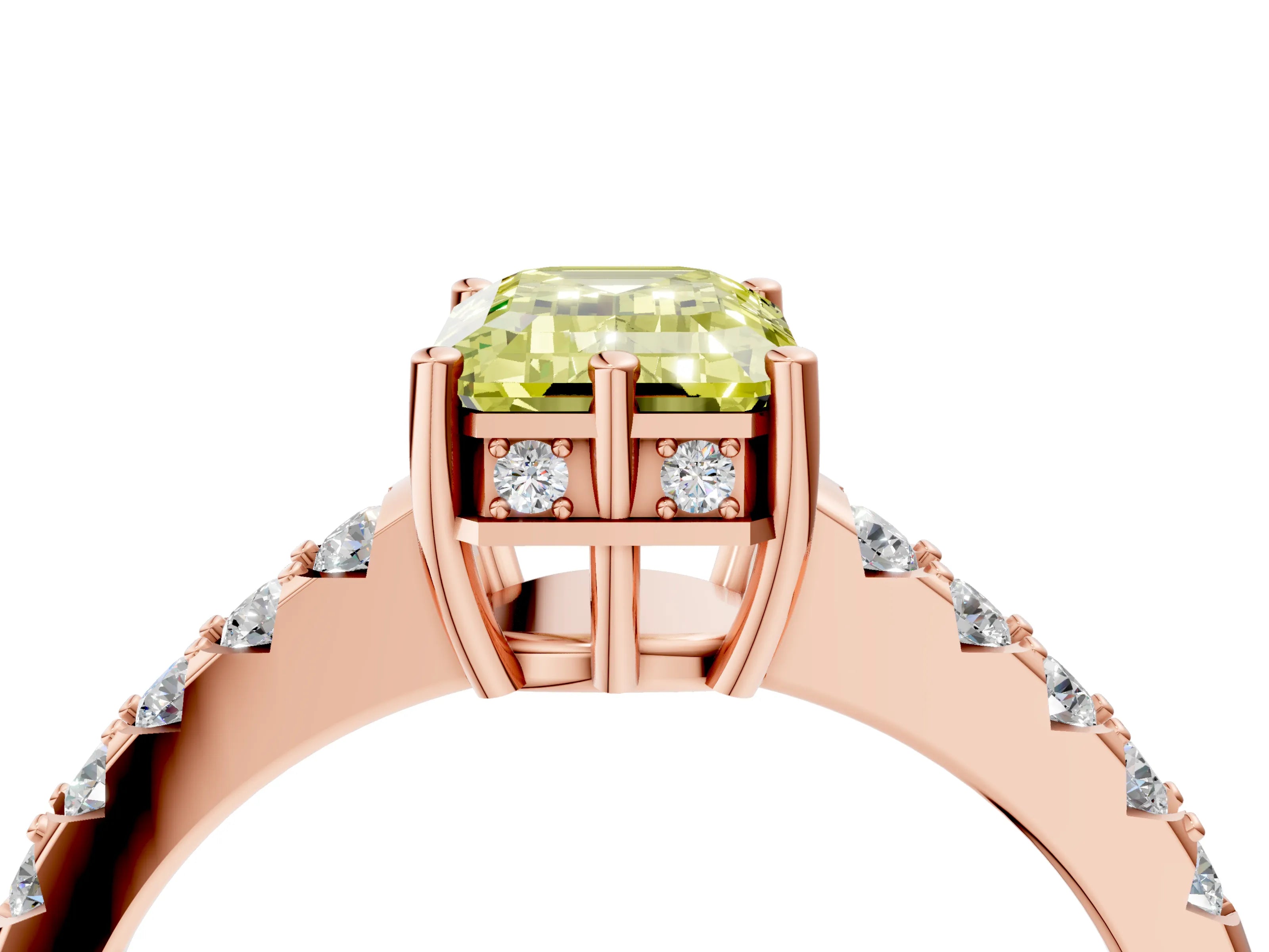 Rose gold Fancy Yellow Emerald Cut Solitaire Diamond Engagement Ring with Pavé Band and Six-Prong Setting_16