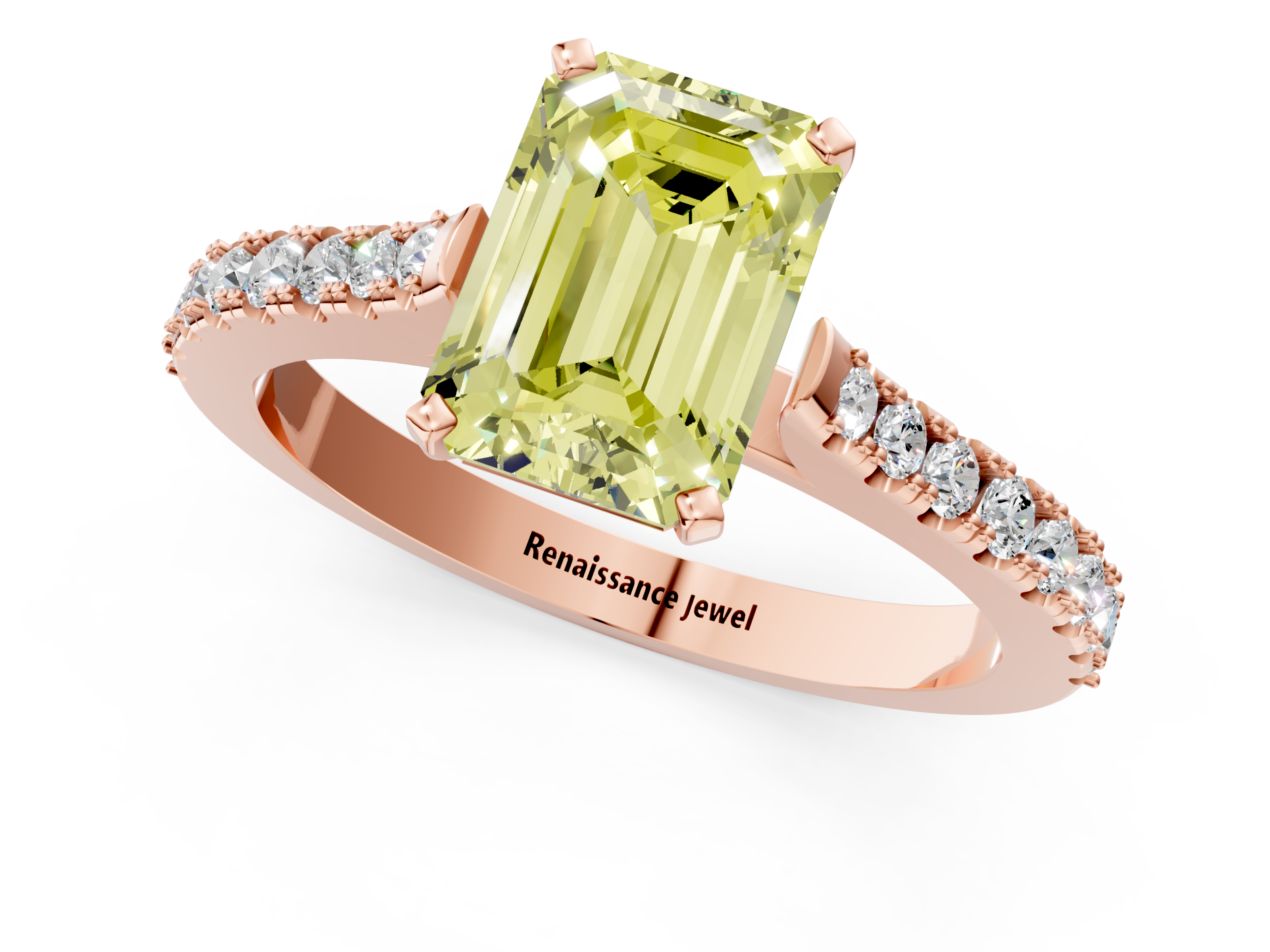 Rose gold Fancy Yellow Emerald  Cut Solitaire Diamond Engagement Ring with Pave Band and Four-Prong Setting_160