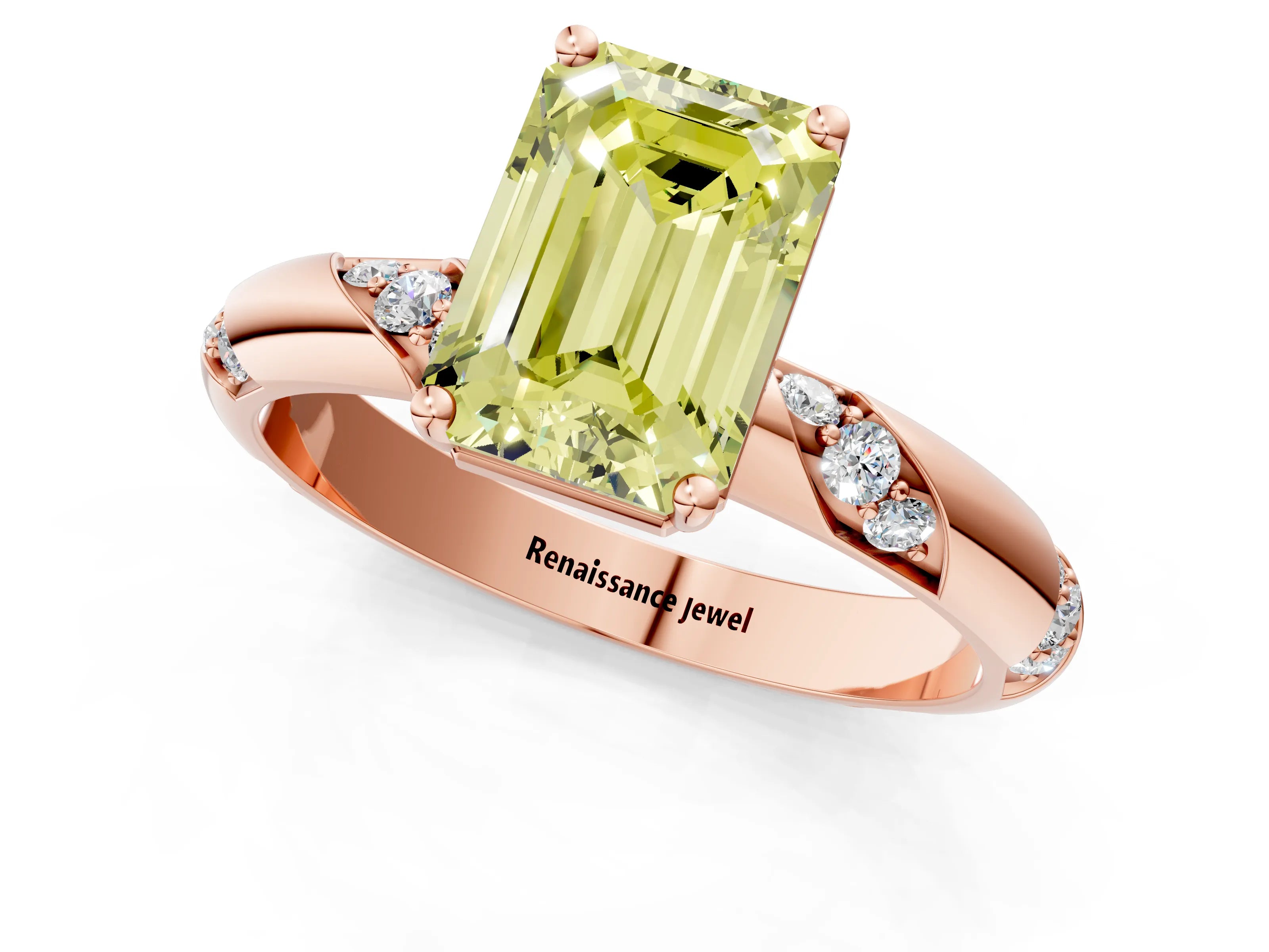 Rose gold Fancy Yellow Emerald Cut Solitaire Diamond Engagement Ring with Twisted Pave Band and Four-Prong Setting_4