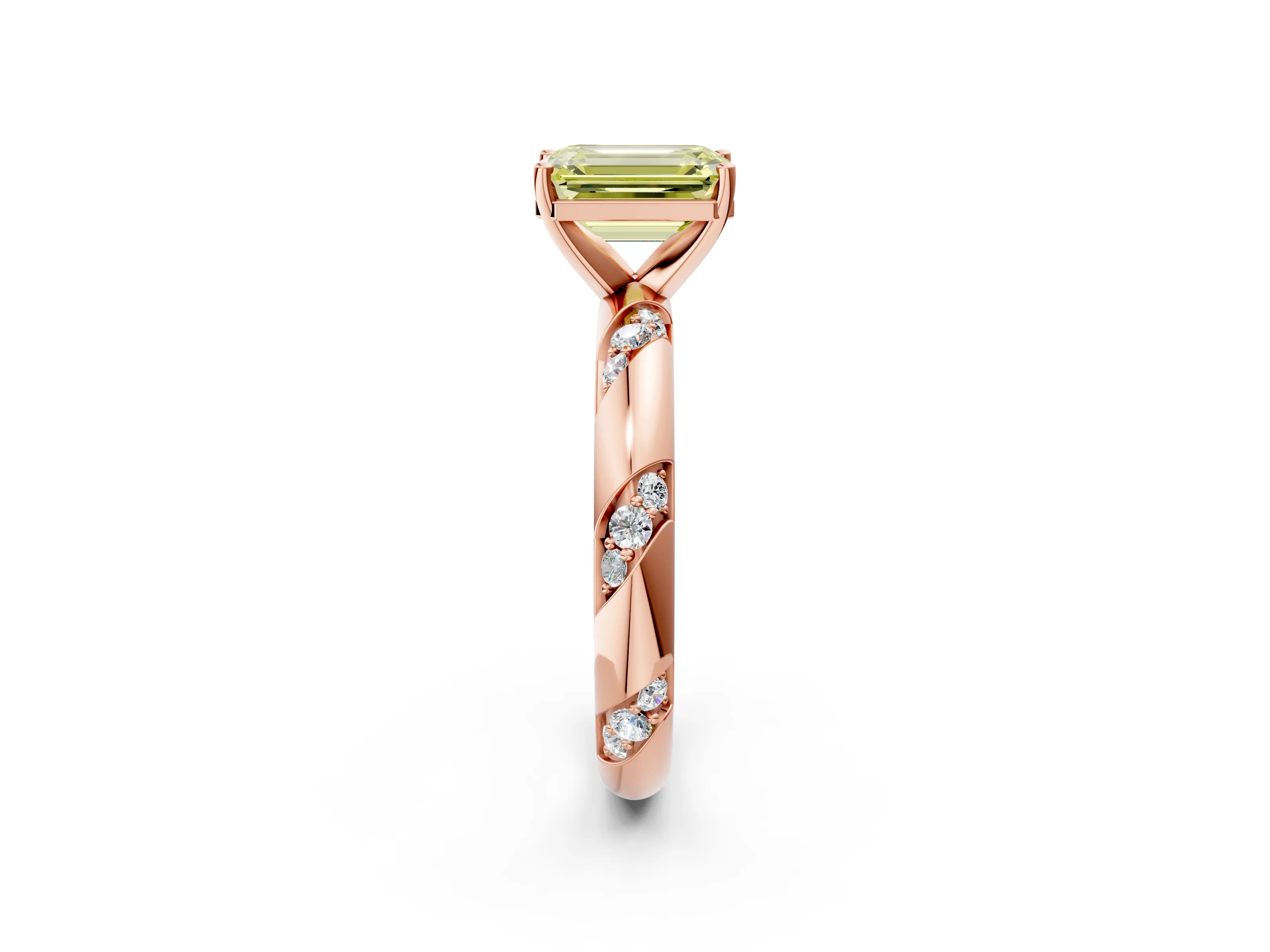 Rose gold Fancy Yellow Emerald Cut Solitaire Diamond Engagement Ring with Twisted Pave Band and Four-Prong Setting_5