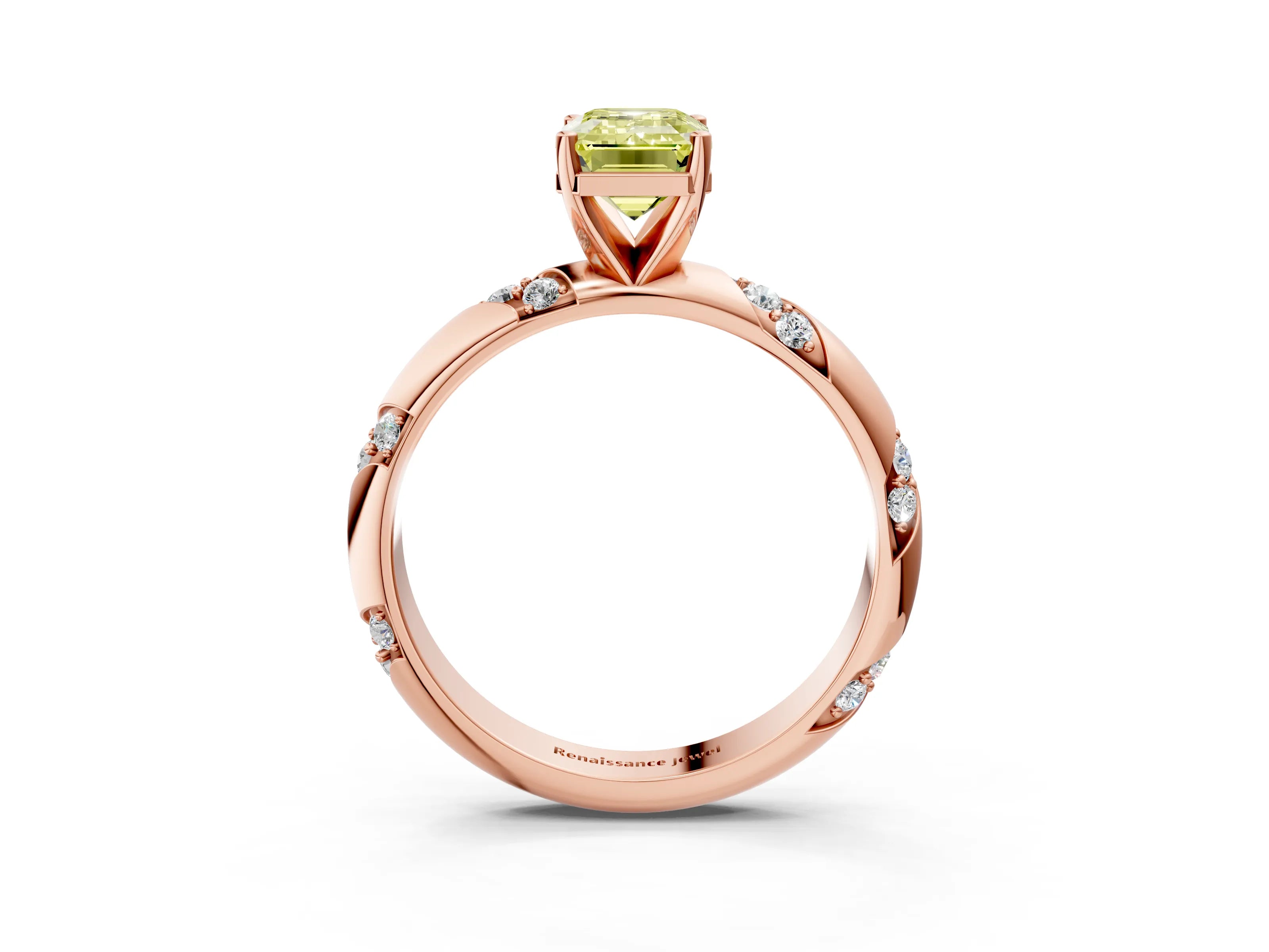 Rose gold Fancy Yellow Emerald Cut Solitaire Diamond Engagement Ring with Twisted Pave Band and Four-Prong Setting_6