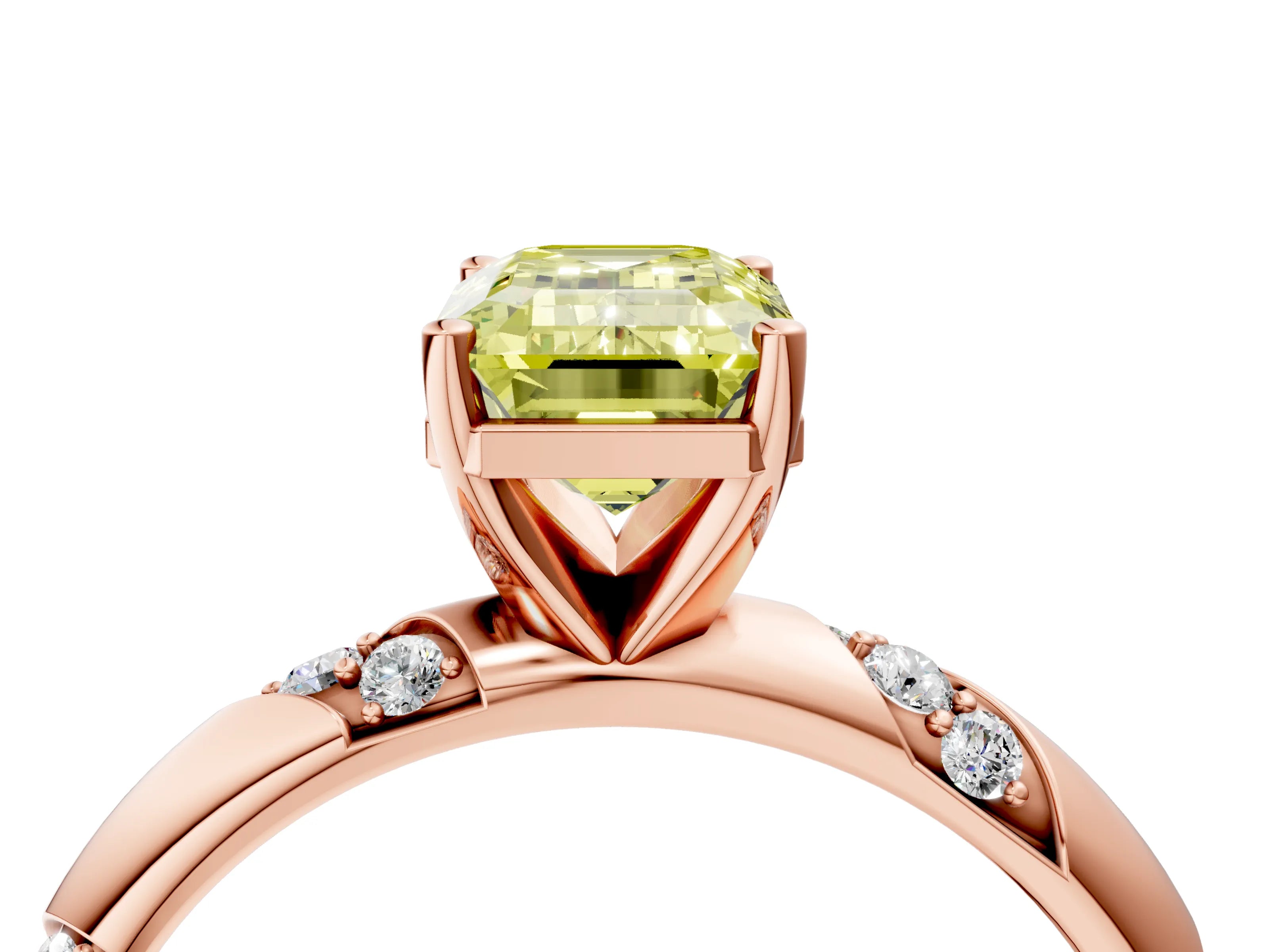 Rose gold Fancy Yellow Emerald Cut Solitaire Diamond Engagement Ring with Twisted Pave Band and Four-Prong Setting_7