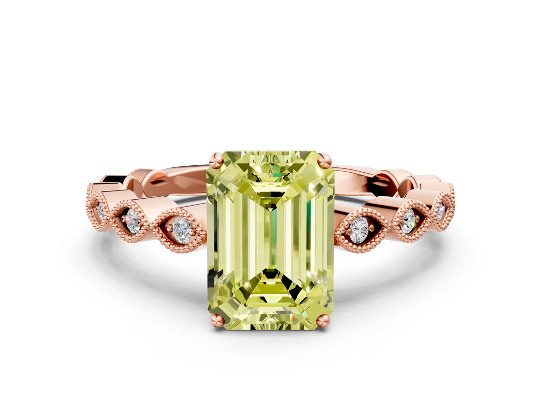 Rose gold Fancy Yellow Emerald Cut Solitaire Diamond Ring with Infinity Twist Band and Four-Prong Setting