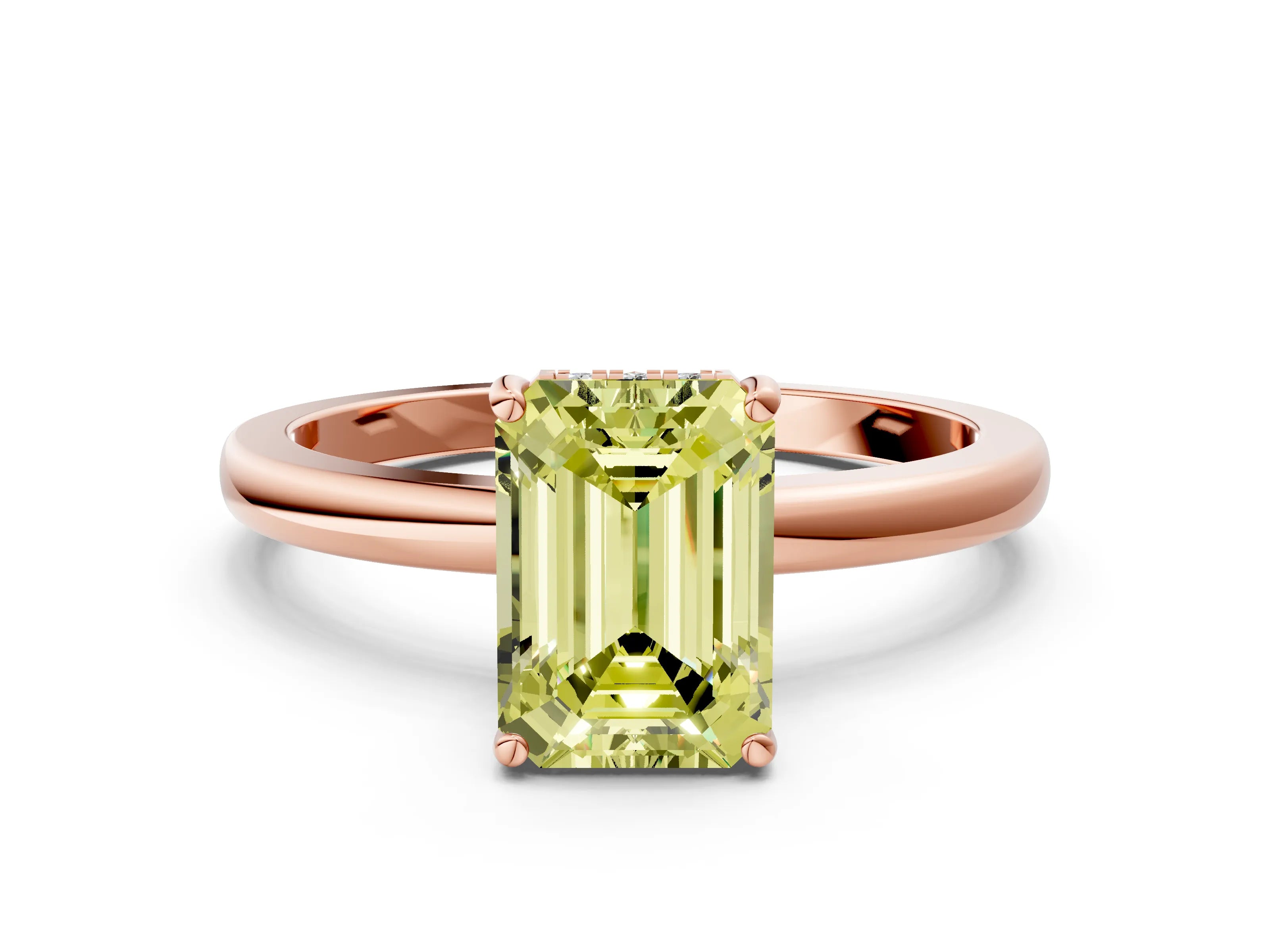 Rose gold Fancy Yellow Emerald Cut Solitaire Diamond Ring with Prong Setting and Plain Band