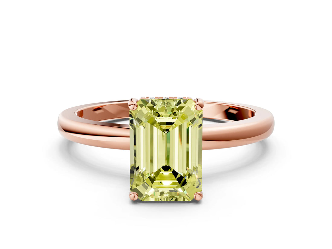 Rose gold Fancy Yellow Emerald Cut Solitaire Diamond Ring with Prong Setting and Plain Band