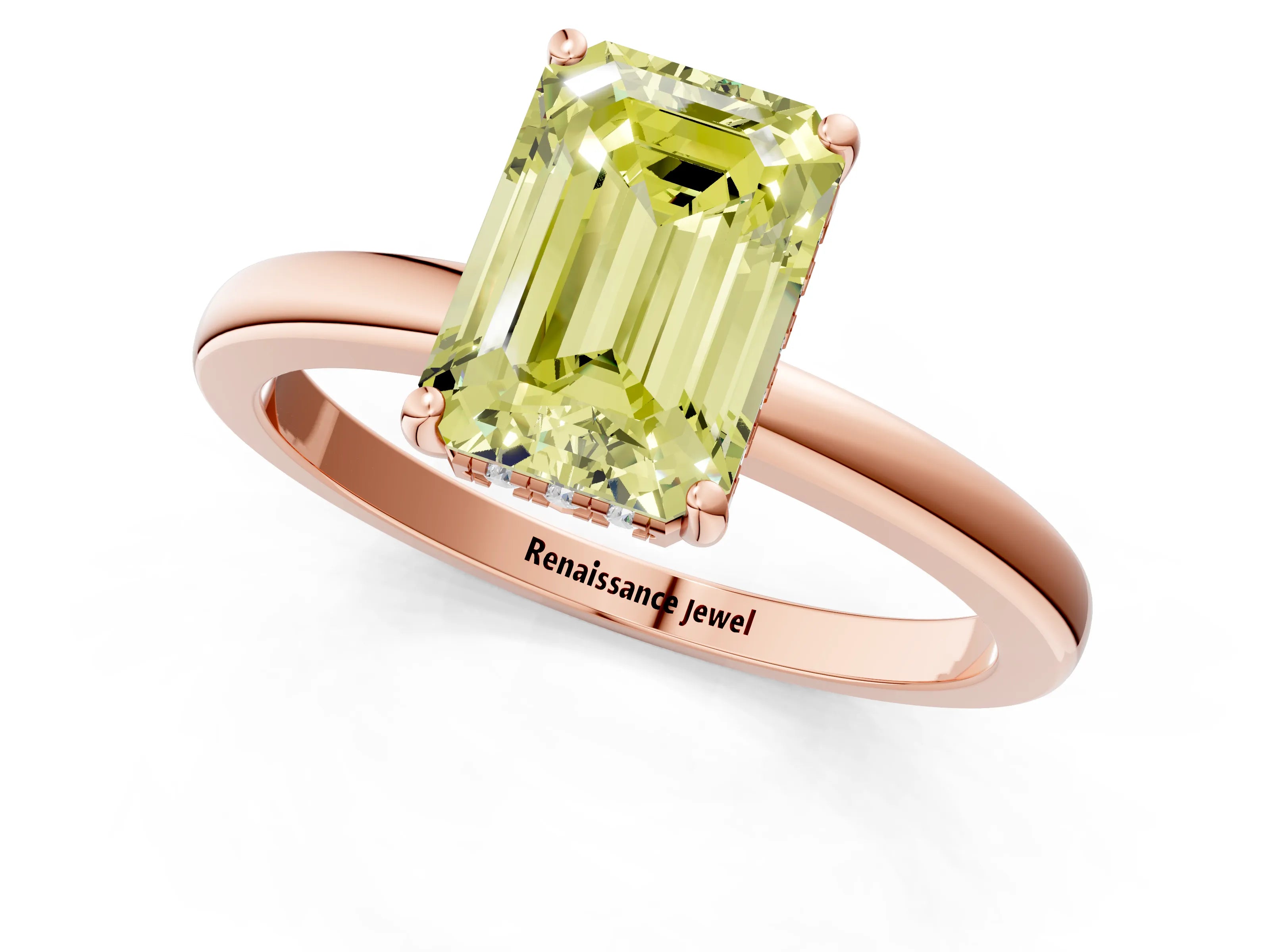 Rose gold Fancy Yellow Emerald Cut Solitaire Diamond Ring with Prong Setting and Plain Band_1