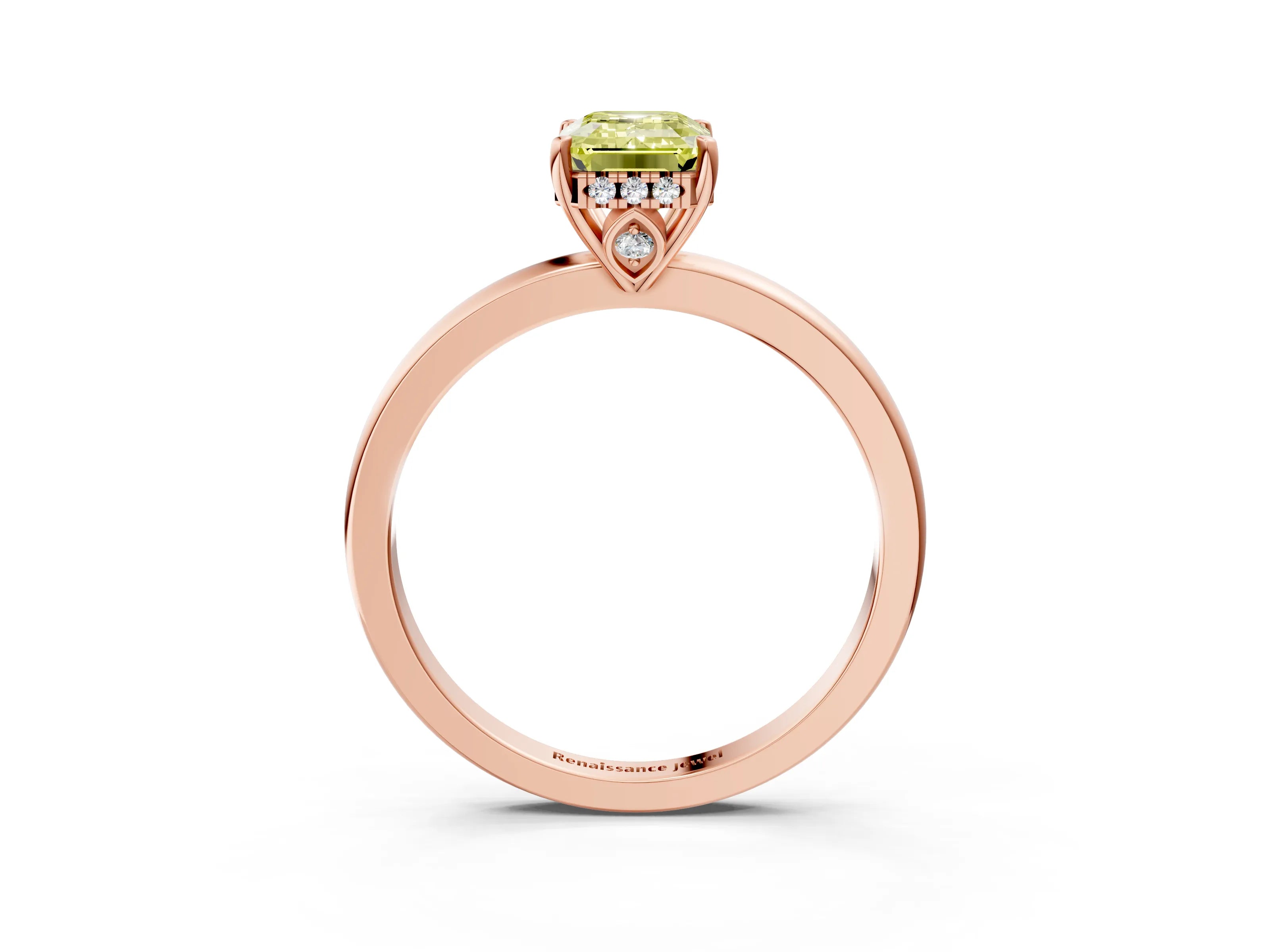 Rose gold Fancy Yellow Emerald Cut Solitaire Diamond Ring with Prong Setting and Plain Band_3