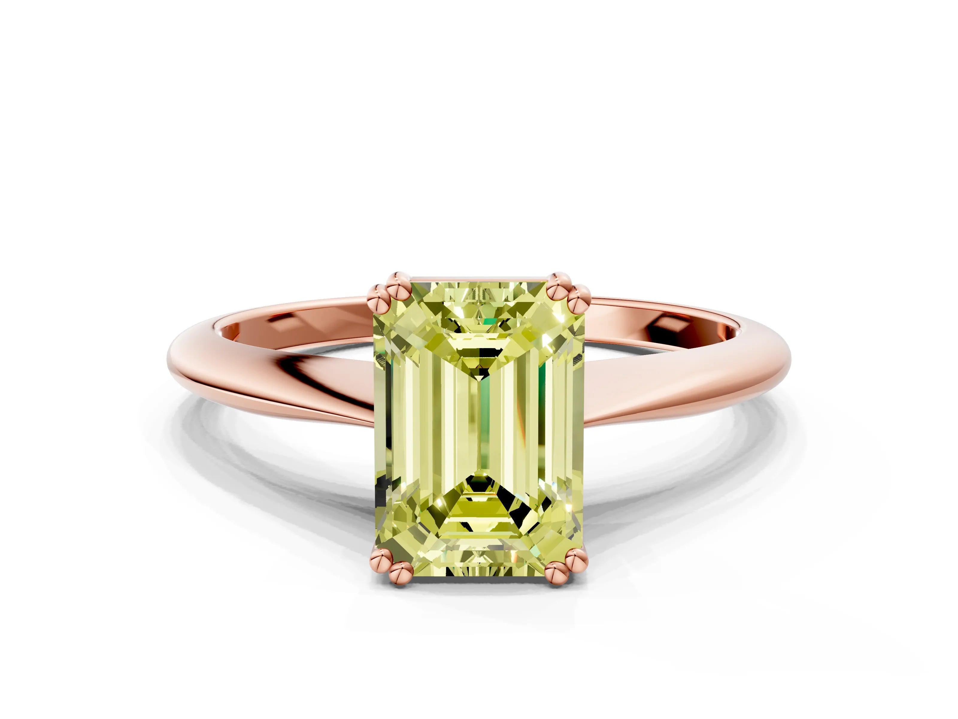 Rose gold Fancy Yellow Emerald Cut Solitaire Diamond Ring with Six-Prong Setting and Classic Band