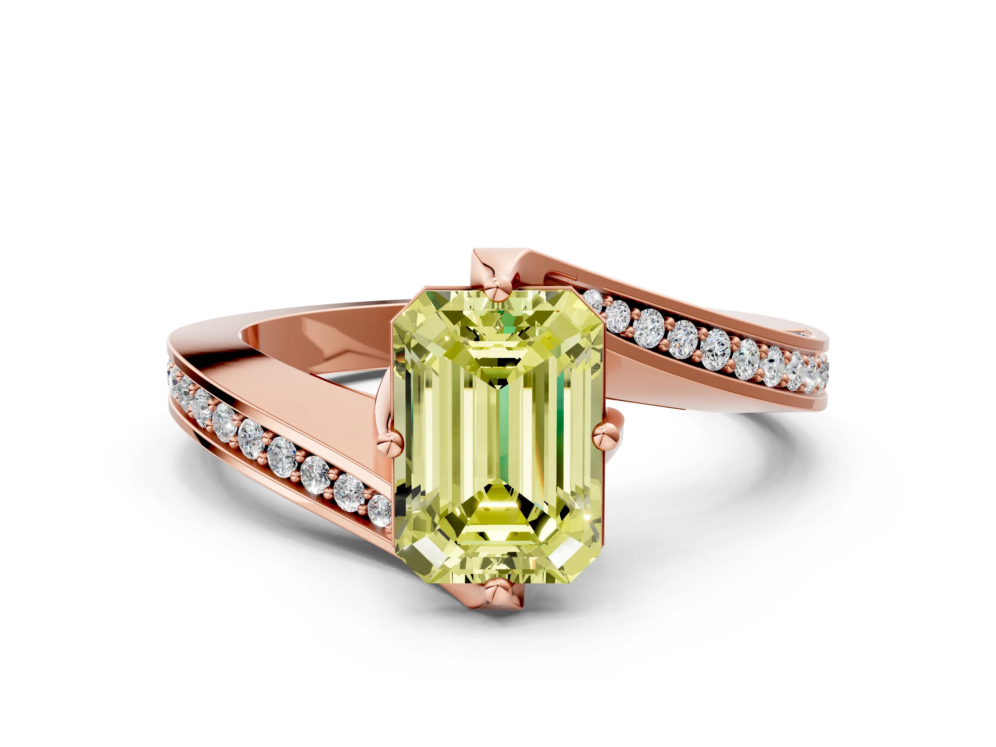 Rose gold Fancy Yellow Emerald Cut Solitaire Diamond Twist Band with Pavé Setting and Four-Prong Setting