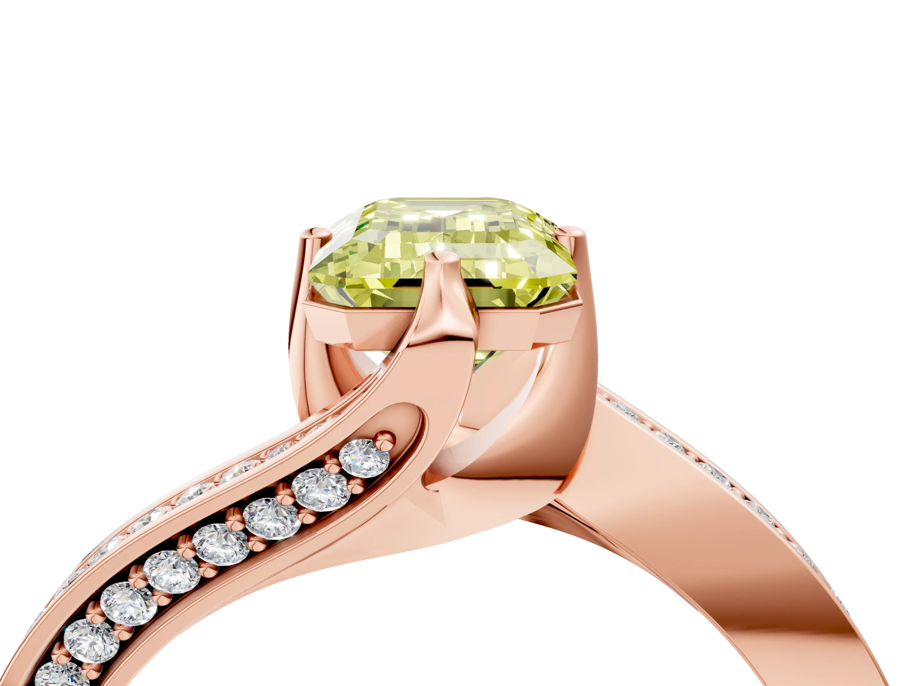Rose gold Fancy Yellow Emerald Cut Solitaire Diamond Twist Band with Pavé Setting and Four-Prong Setting_4