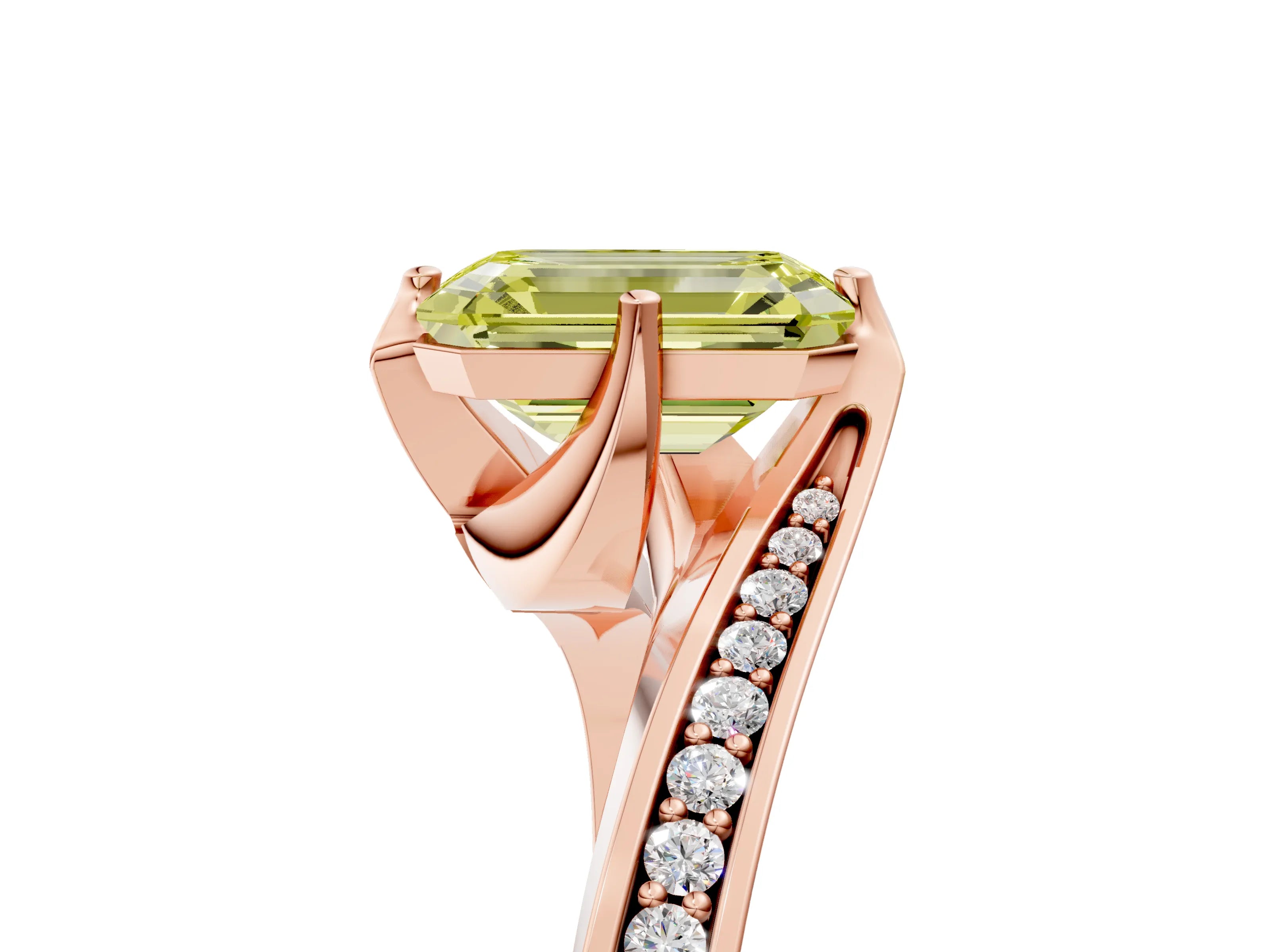 Rose gold Fancy Yellow Emerald Cut Solitaire Diamond Twist Band with Pavé Setting and Four-Prong Setting_5