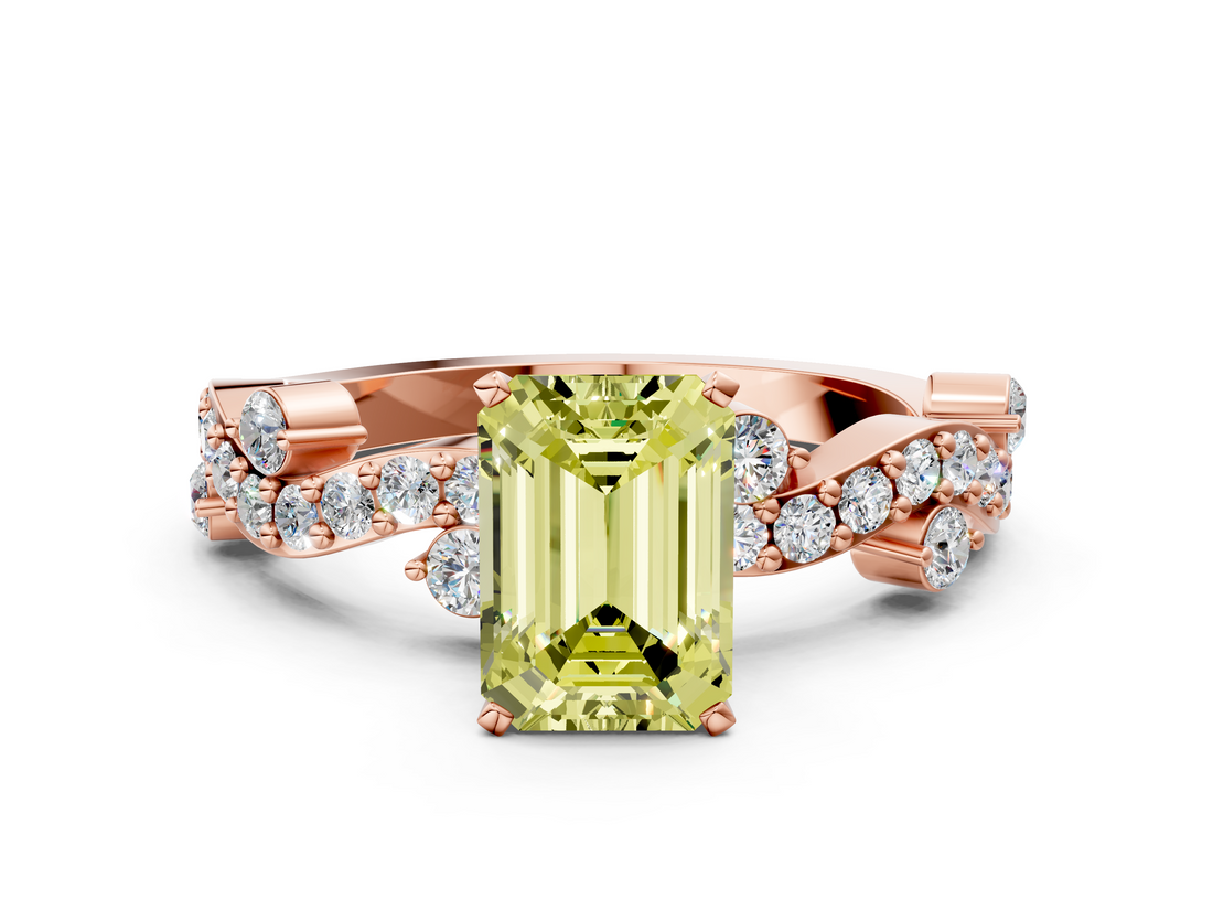 Rose gold Fancy Yellow Emerald  Cut Solitaire Diamond Twisted Band with Pave Setting_71