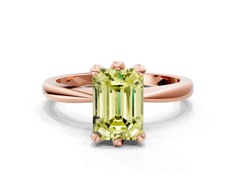Rose gold Fancy Yellow Emerald Cut Solitaire Engagement Ring with Six-Prong Setting and Tapered Band