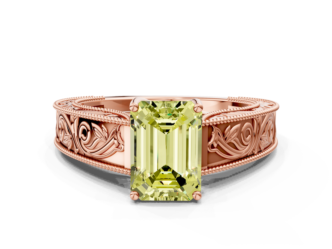 Rose gold Fancy Yellow Emerald  Cut Solitaire Engraved Band with Four-Prong Setting_79