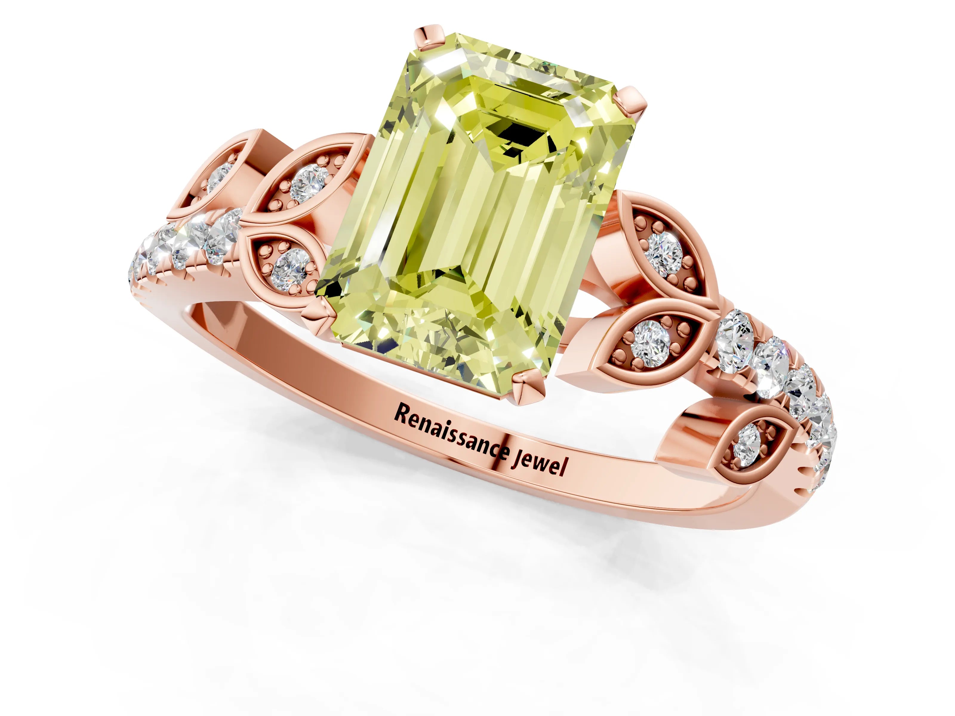 Rose gold Fancy Yellow Emerald Cut Solitaire Leaf-Inspired Diamond Ring with Pavé Band and Four-Prong Setting_1