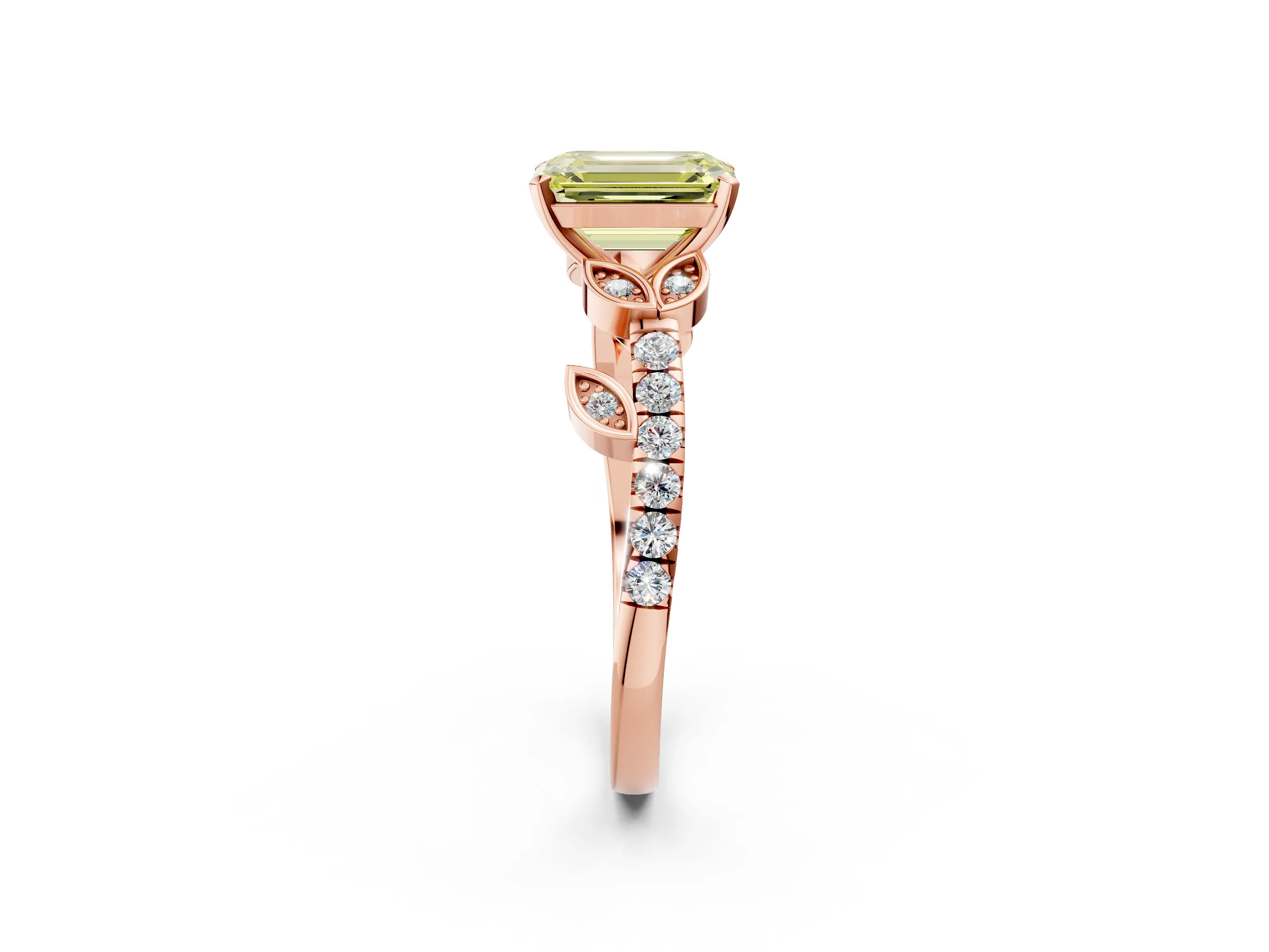 Rose gold Fancy Yellow Emerald Cut Solitaire Leaf-Inspired Diamond Ring with Pavé Band and Four-Prong Setting_2