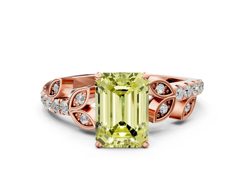 Rose gold Fancy Yellow Emerald Cut Solitaire Leaf-Inspired Diamond Ring with Pavé Band and Four-Prong Setting