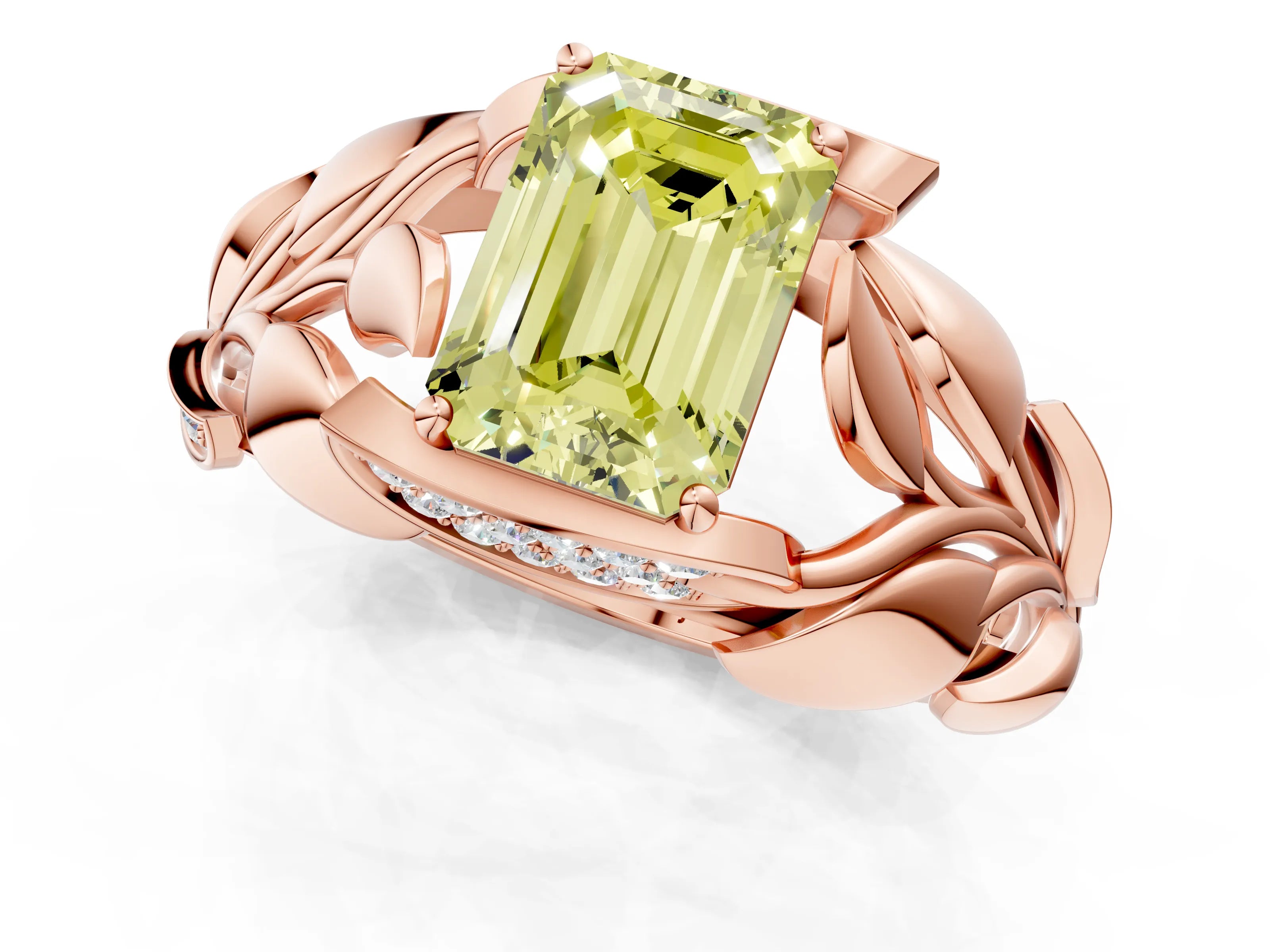 Rose gold Fancy Yellow Emerald Cut Solitaire Leaf-Inspired Engagement Ring with Prong Setting_1