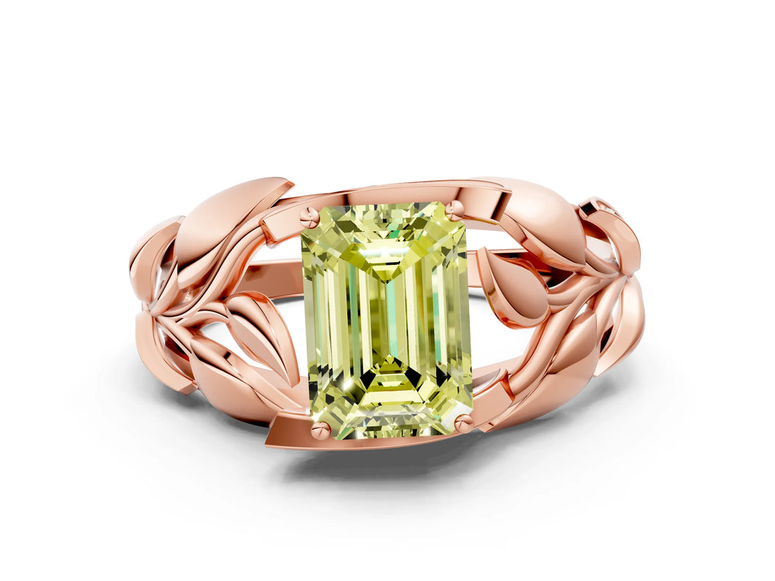 Rose gold Fancy Yellow Emerald Cut Solitaire Leaf-Inspired Engagement Ring with Prong Setting_12
