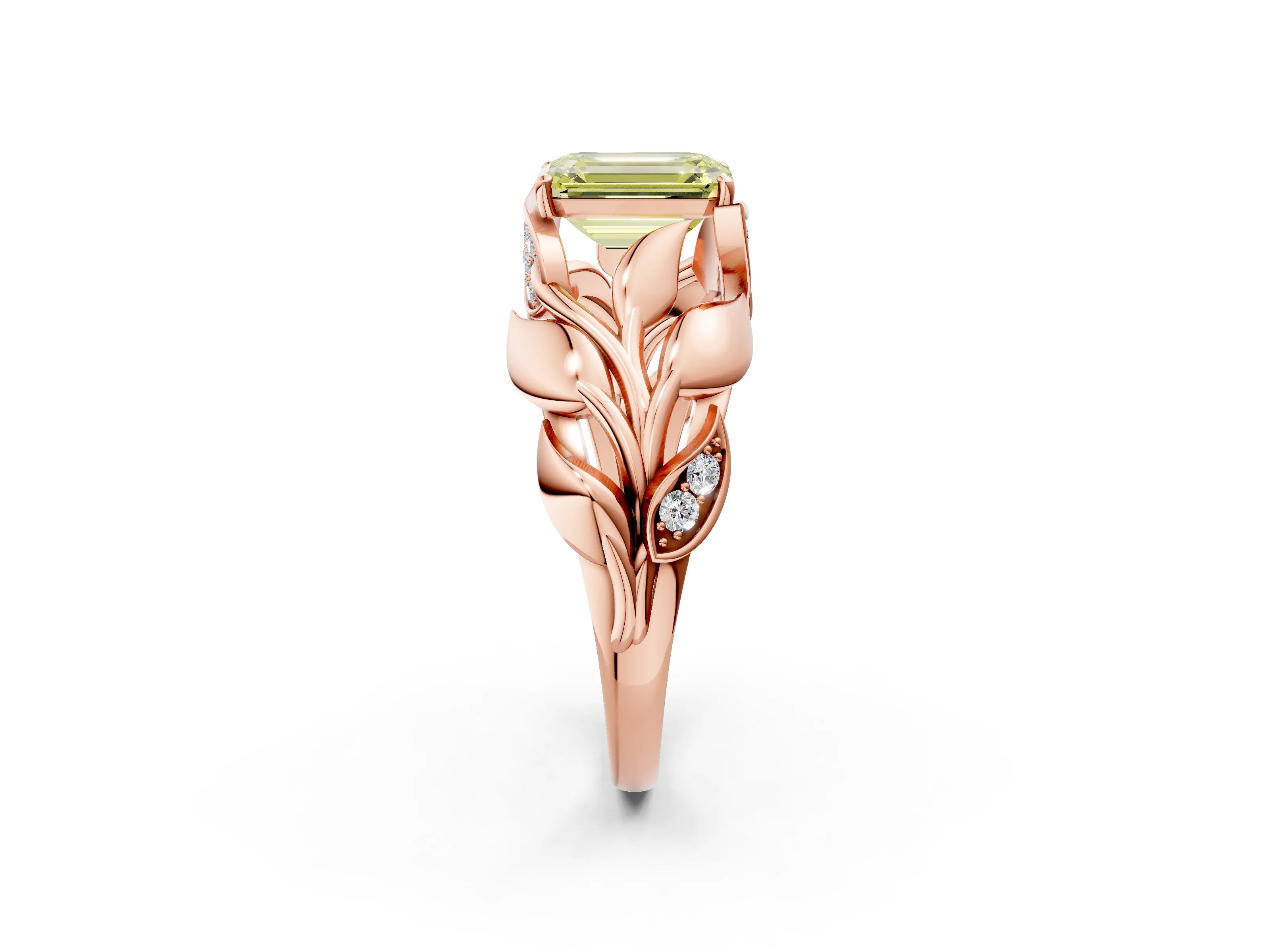 Rose gold Fancy Yellow Emerald Cut Solitaire Leaf-Inspired Engagement Ring with Prong Setting_2