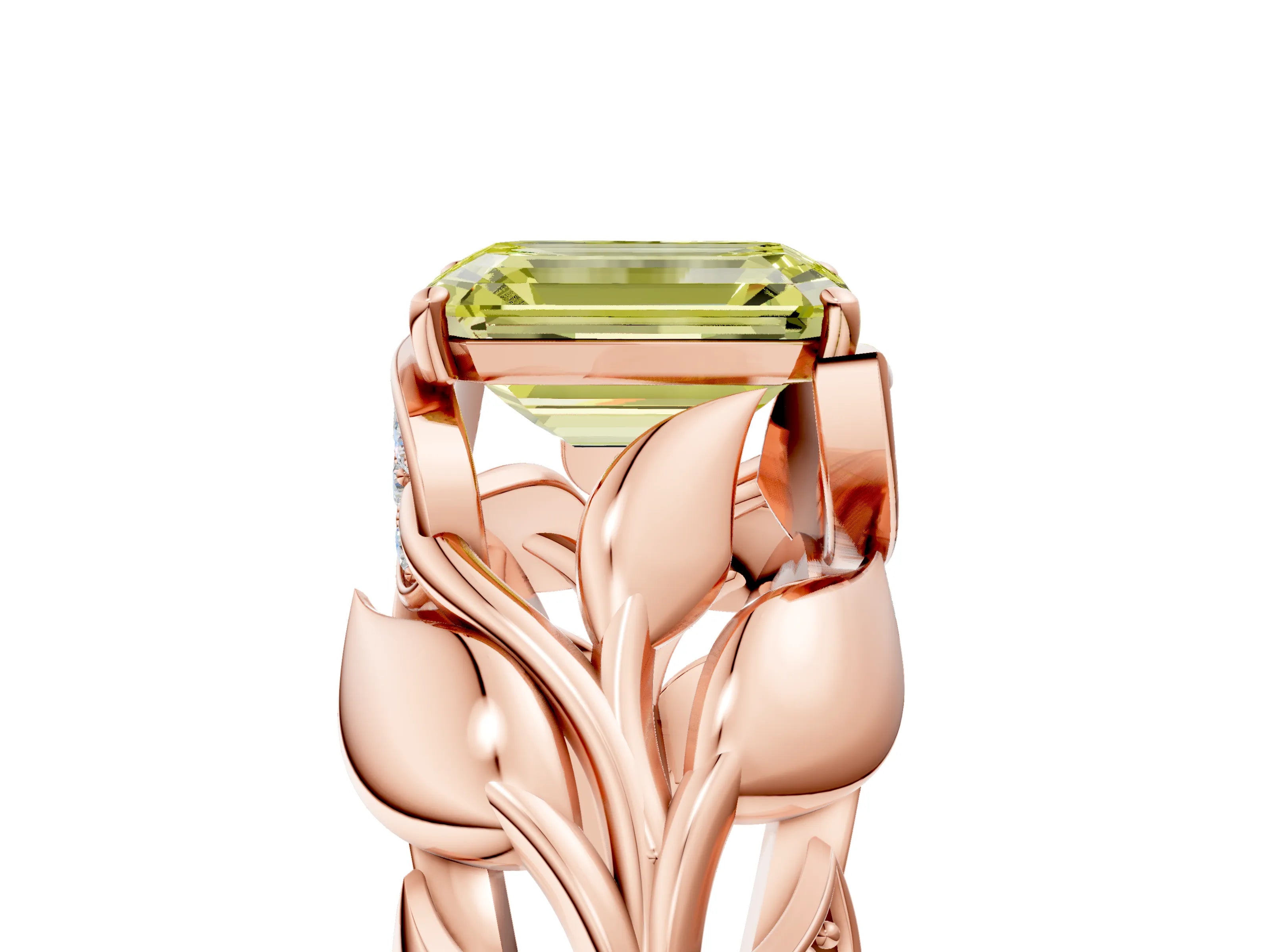 Rose gold Fancy Yellow Emerald Cut Solitaire Leaf-Inspired Engagement Ring with Prong Setting_5