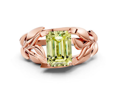 Rose gold Fancy Yellow Emerald Cut Solitaire Leaf-Inspired Engagement Ring with Prong Setting