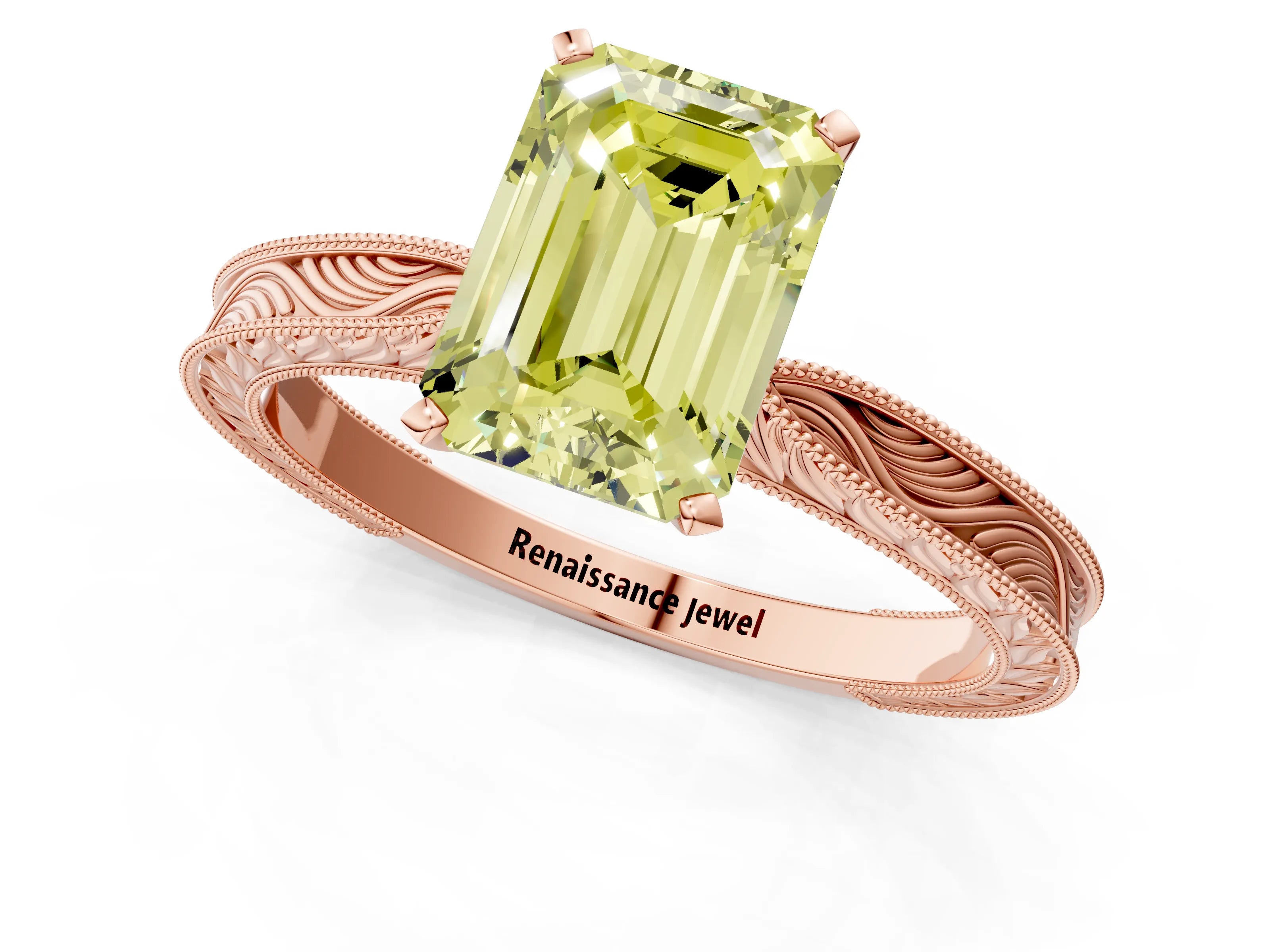 Rose gold Fancy Yellow Emerald Cut Solitaire Milgrain Engraved Band with Four-Prong Setting_1