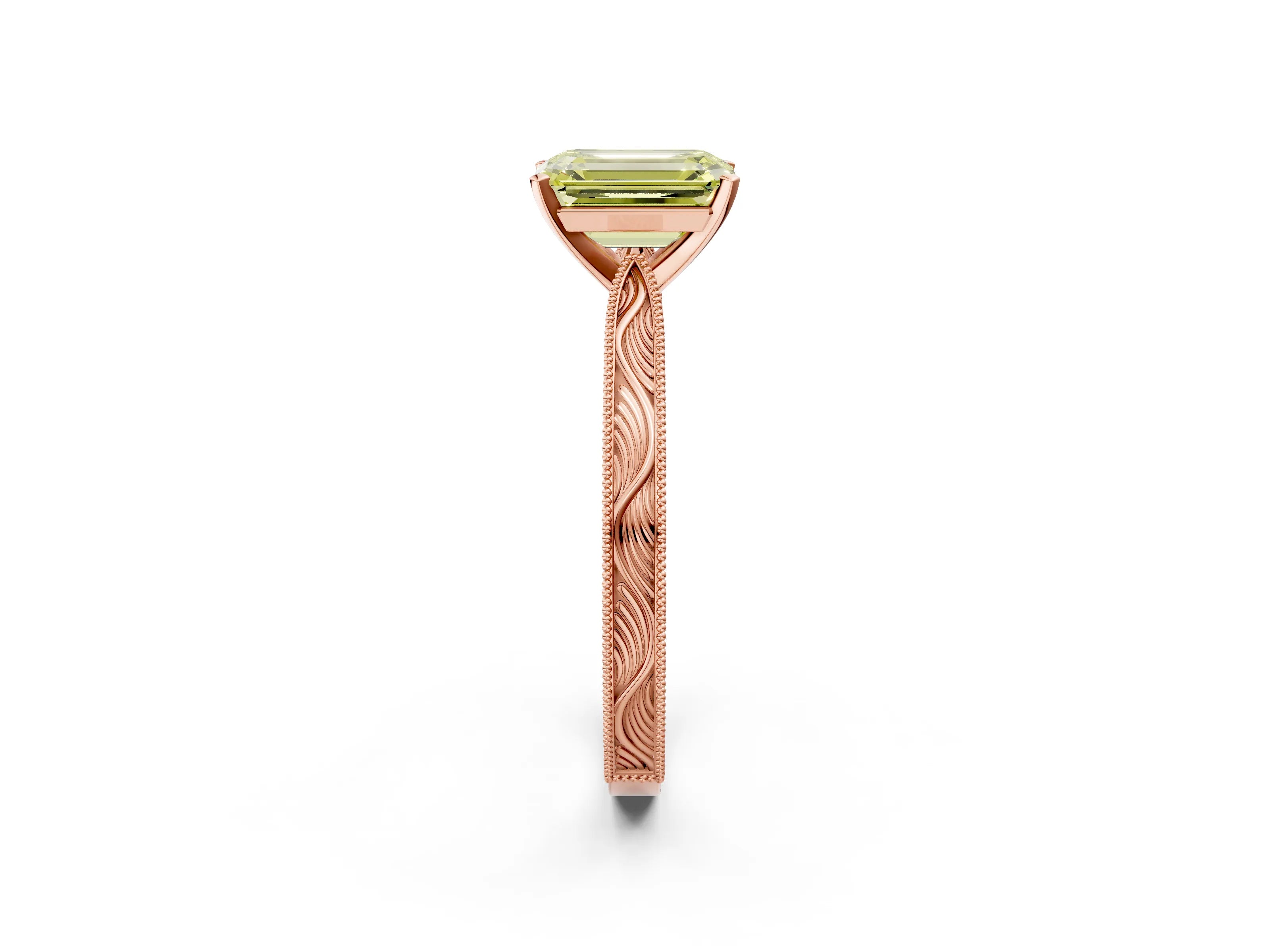 Rose gold Fancy Yellow Emerald Cut Solitaire Milgrain Engraved Band with Four-Prong Setting_2