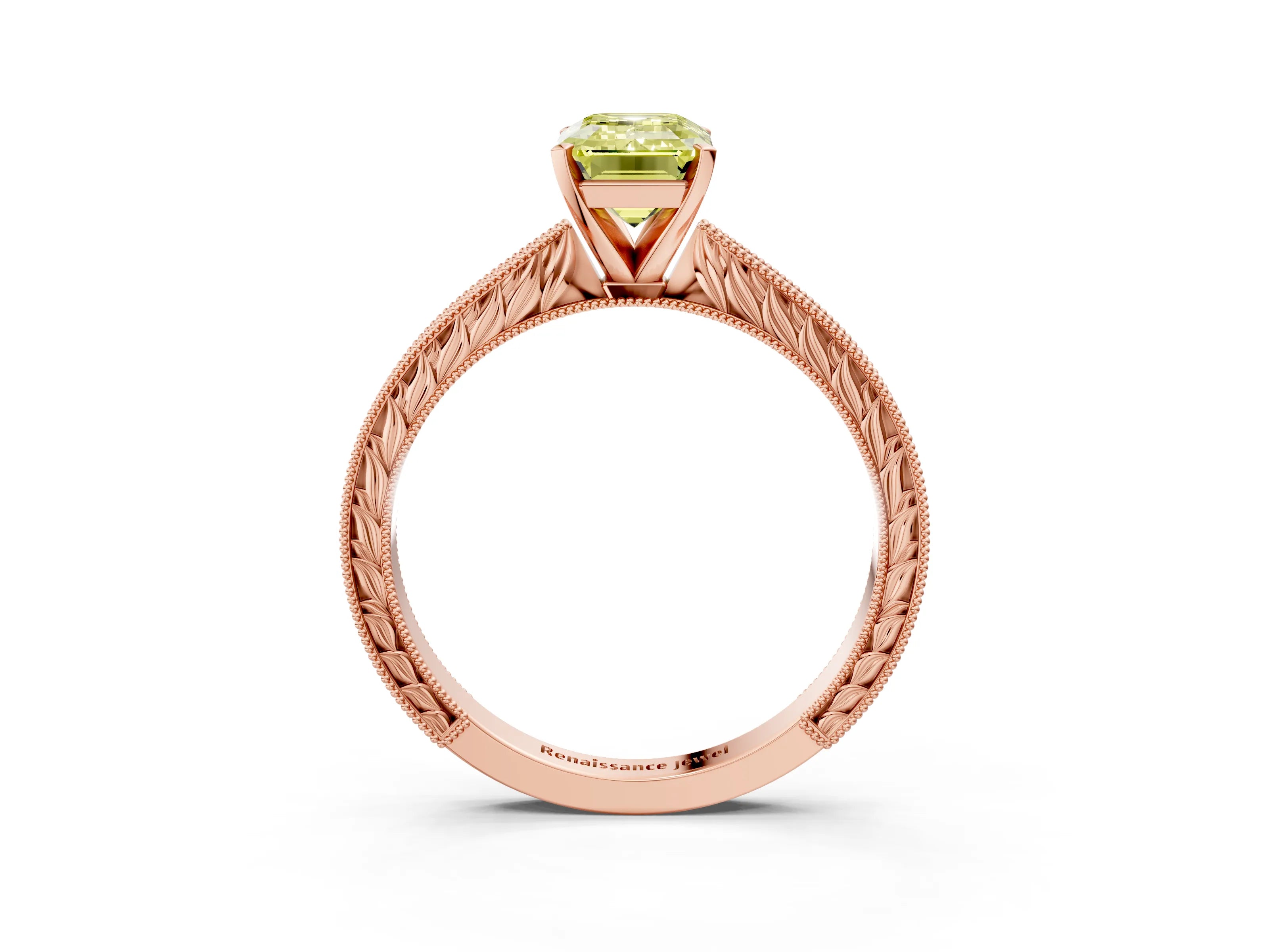 Rose gold Fancy Yellow Emerald Cut Solitaire Milgrain Engraved Band with Four-Prong Setting_3
