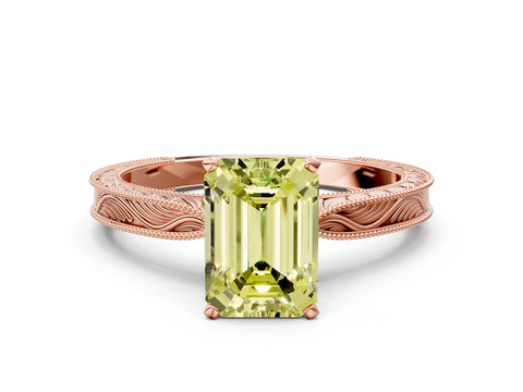 Rose gold Fancy Yellow Emerald Cut Solitaire Milgrain Engraved Band with Four-Prong Setting