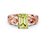 Rose gold Fancy Yellow Emerald Cut Solitaire Milgrain Leaf Band with Prong Setting