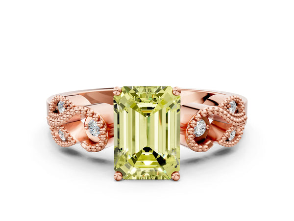 Rose gold Fancy Yellow Emerald Cut Solitaire Milgrain Leaf Band with Prong Setting
