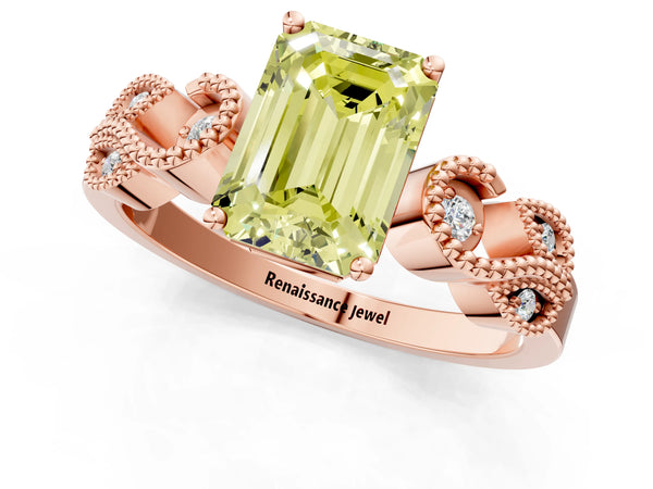 Rose gold Fancy Yellow Emerald Cut Solitaire Milgrain Leaf Band with Prong Setting