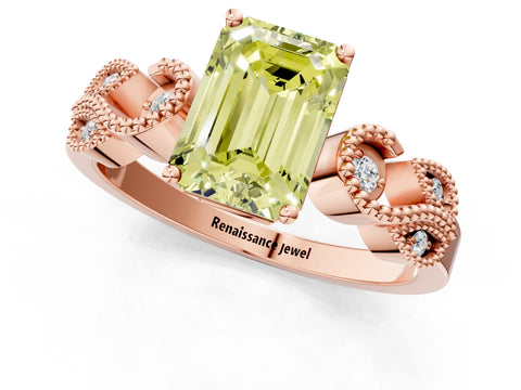 Rose gold Fancy Yellow Emerald Cut Solitaire Milgrain Leaf Band with Prong Setting_1