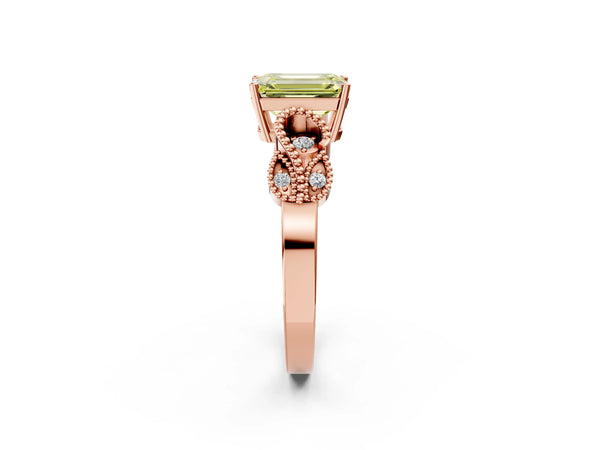 Rose gold Fancy Yellow Emerald Cut Solitaire Milgrain Leaf Band with Prong Setting