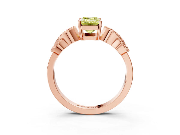Rose gold Fancy Yellow Emerald Cut Solitaire Milgrain Leaf Band with Prong Setting