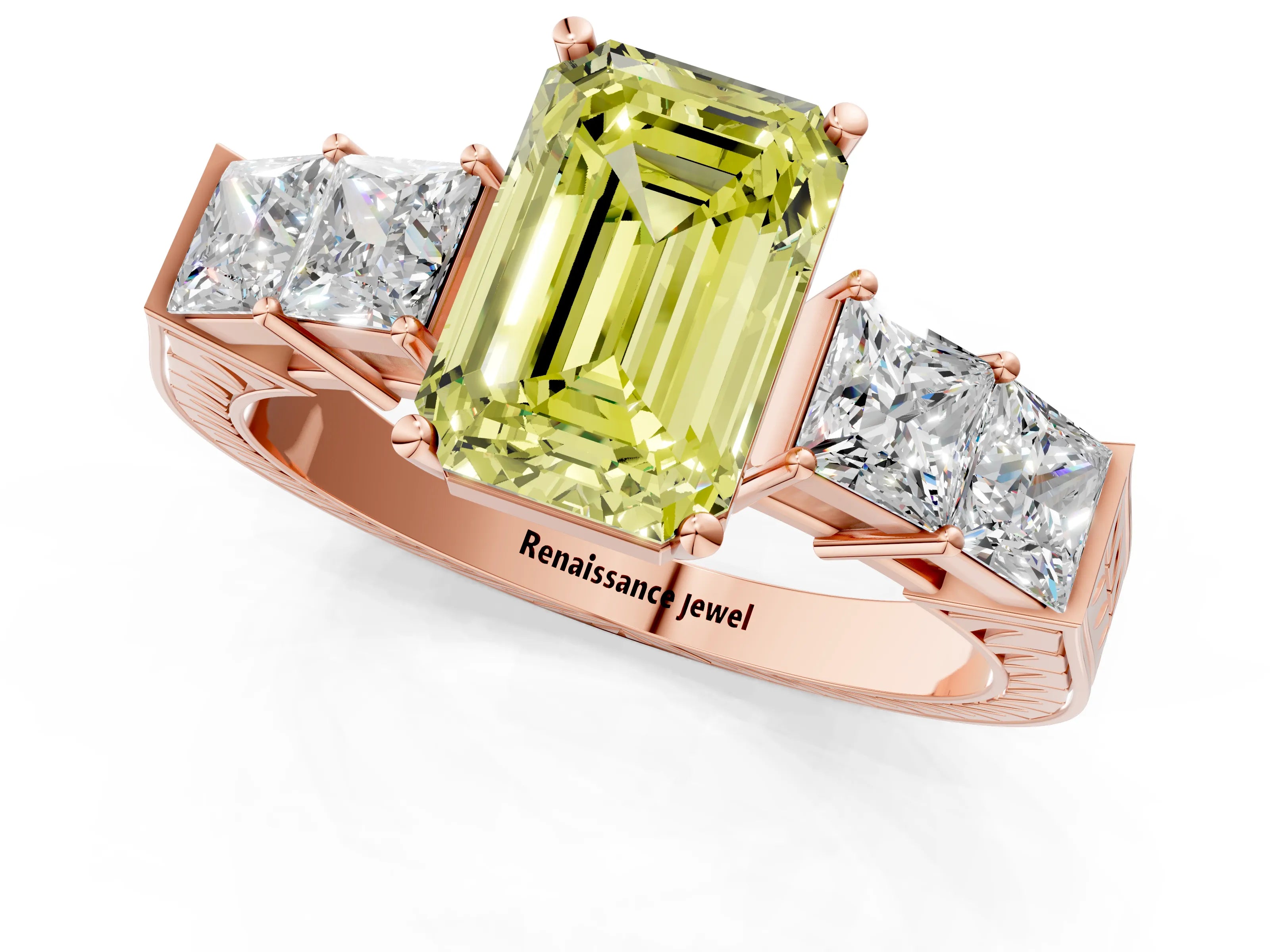 Rose gold Fancy Yellow Emerald Cut Solitaire Princess Side Stone Engraved Band Prong Setting Ring_1