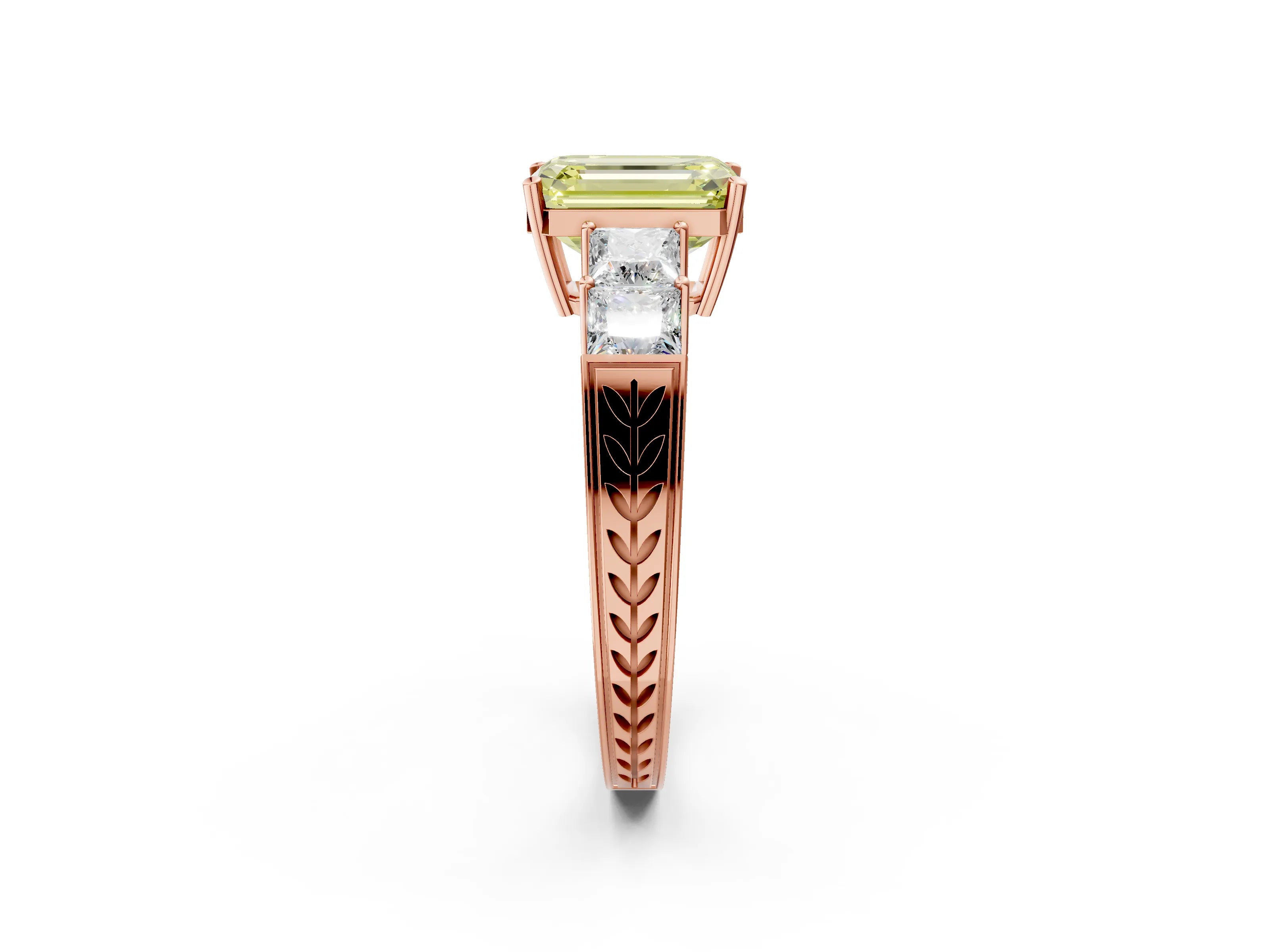 Rose gold Fancy Yellow Emerald Cut Solitaire Princess Side Stone Engraved Band Prong Setting Ring_2