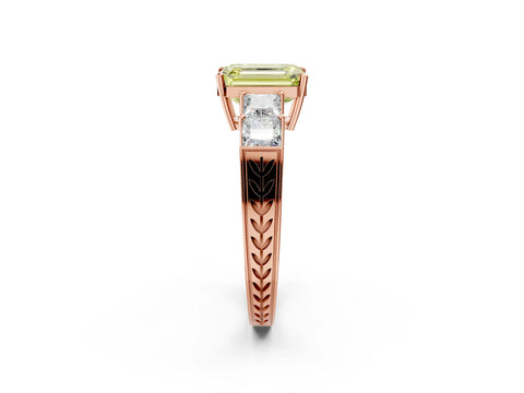 Rose gold Fancy Yellow Emerald Cut Solitaire Princess Side Stone Engraved Band Prong Setting Ring_2