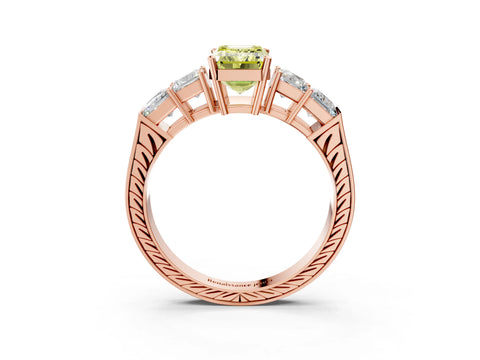 Rose gold Fancy Yellow Emerald Cut Solitaire Princess Side Stone Engraved Band Prong Setting Ring_3