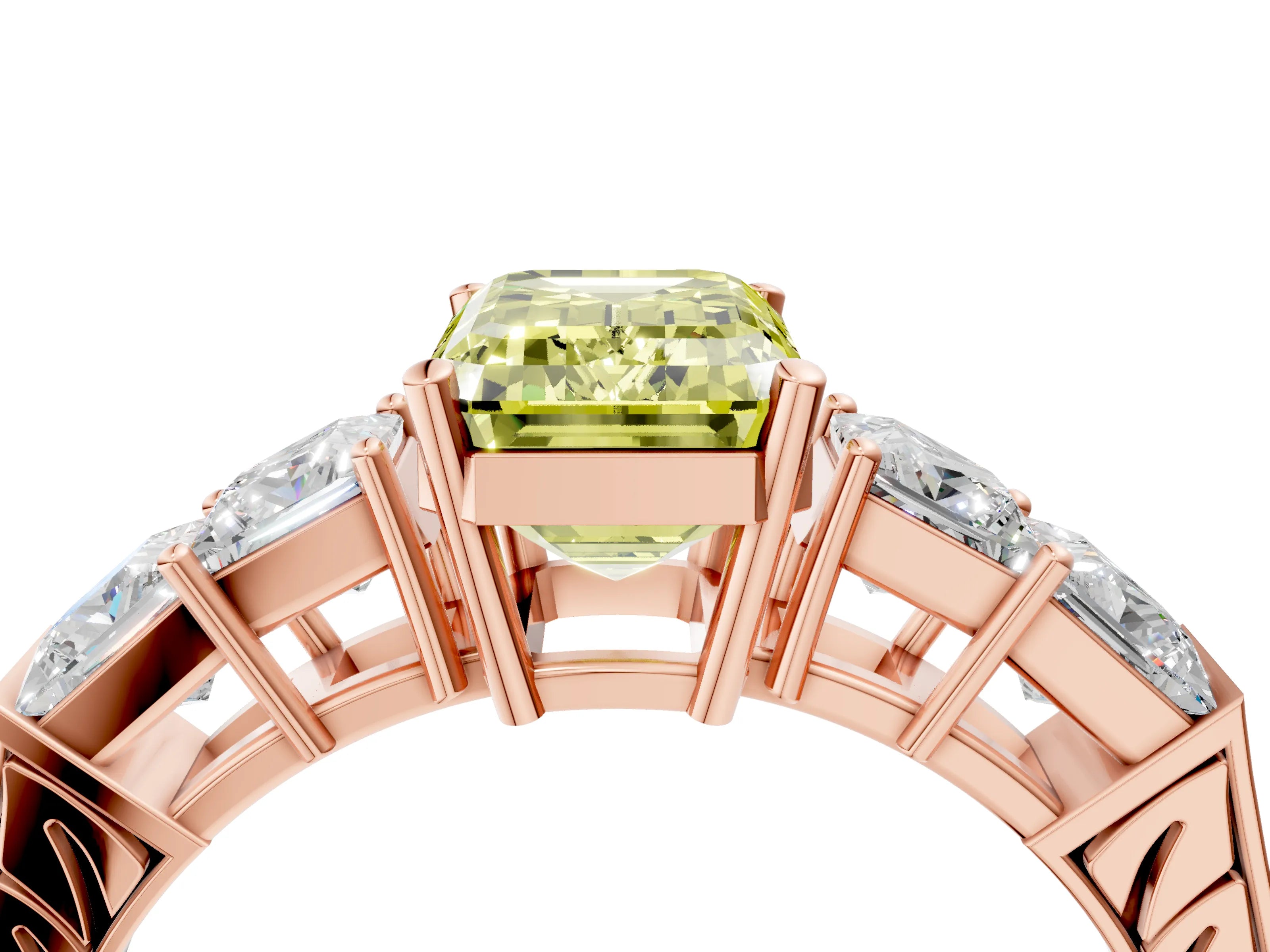 Rose gold Fancy Yellow Emerald Cut Solitaire Princess Side Stone Engraved Band Prong Setting Ring_4