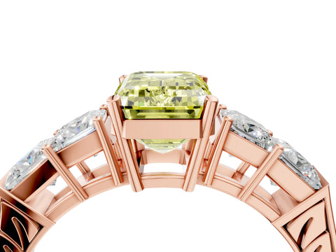 Rose gold Fancy Yellow Emerald Cut Solitaire Princess Side Stone Engraved Band Prong Setting Ring_4