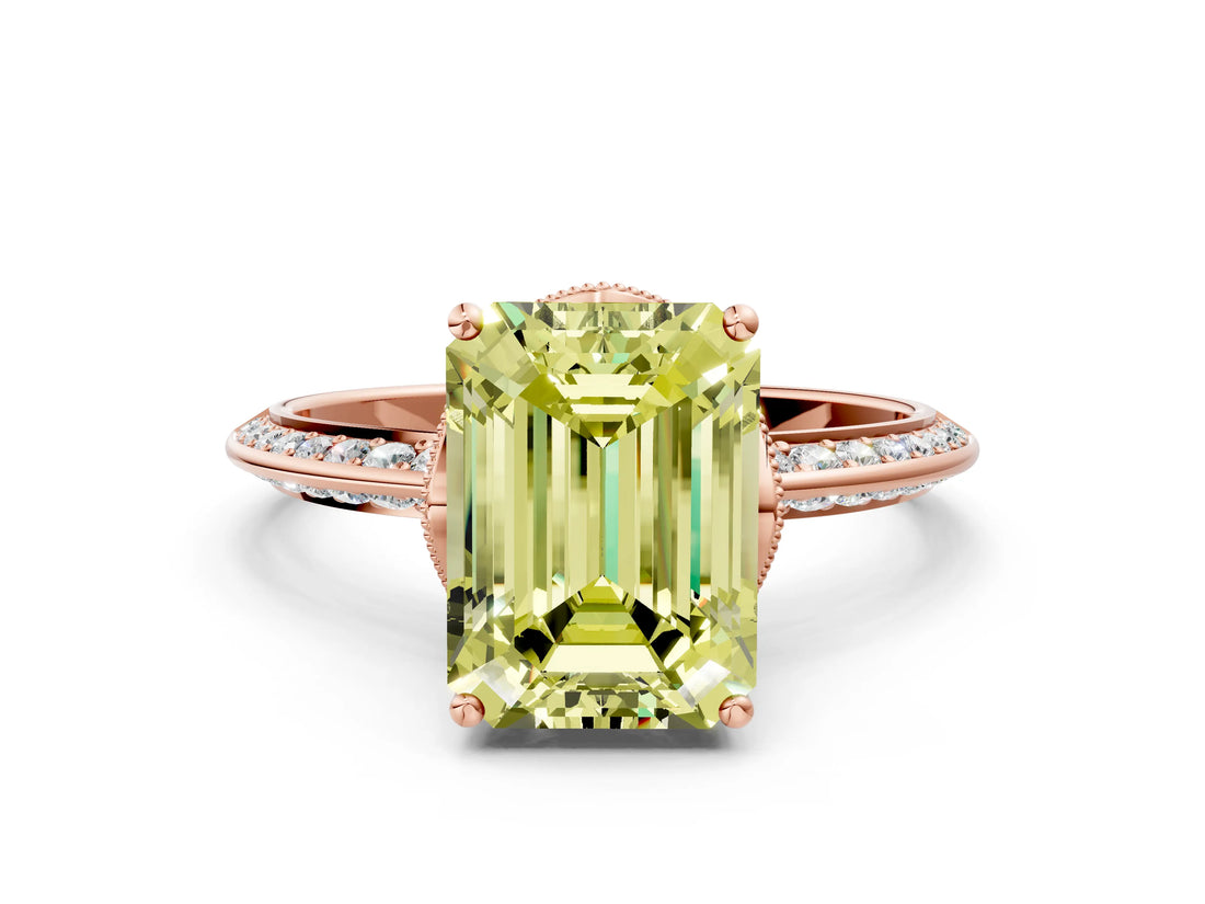 Rose gold Fancy Yellow Emerald Cut Solitaire Split Shank Pave Diamond Engagement Ring with Four-Prong Setting_24