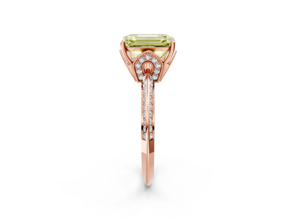 Rose Gold Emerald Cut Graduated Pave Engagement Ring Setting for Fancy Yellow Center