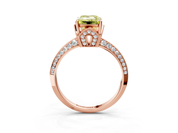 Rose Gold Emerald Cut Graduated Pave Engagement Ring Setting for Fancy Yellow Center